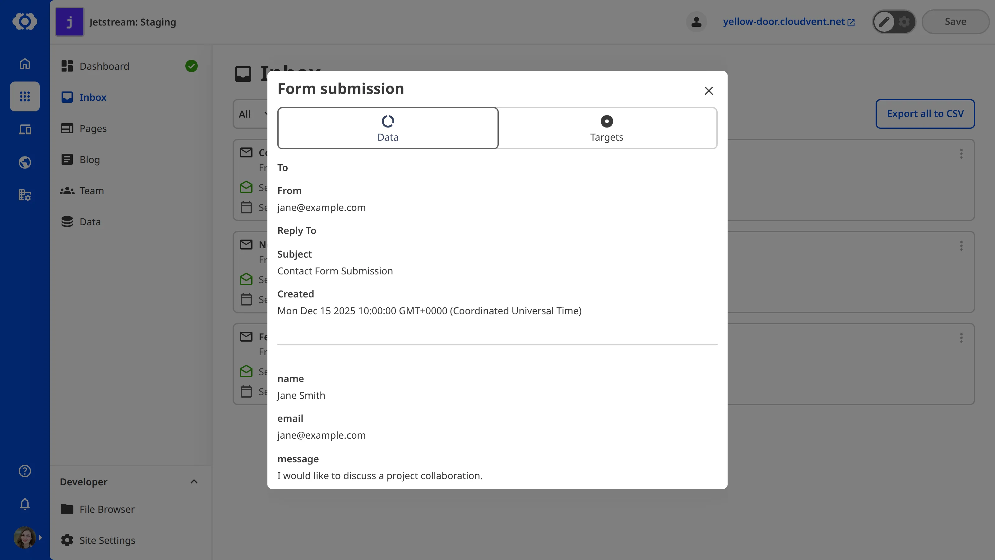 The submission details modal A screenshot of the submission details modal shows the form data, including the sender, subject, and submitted fields.