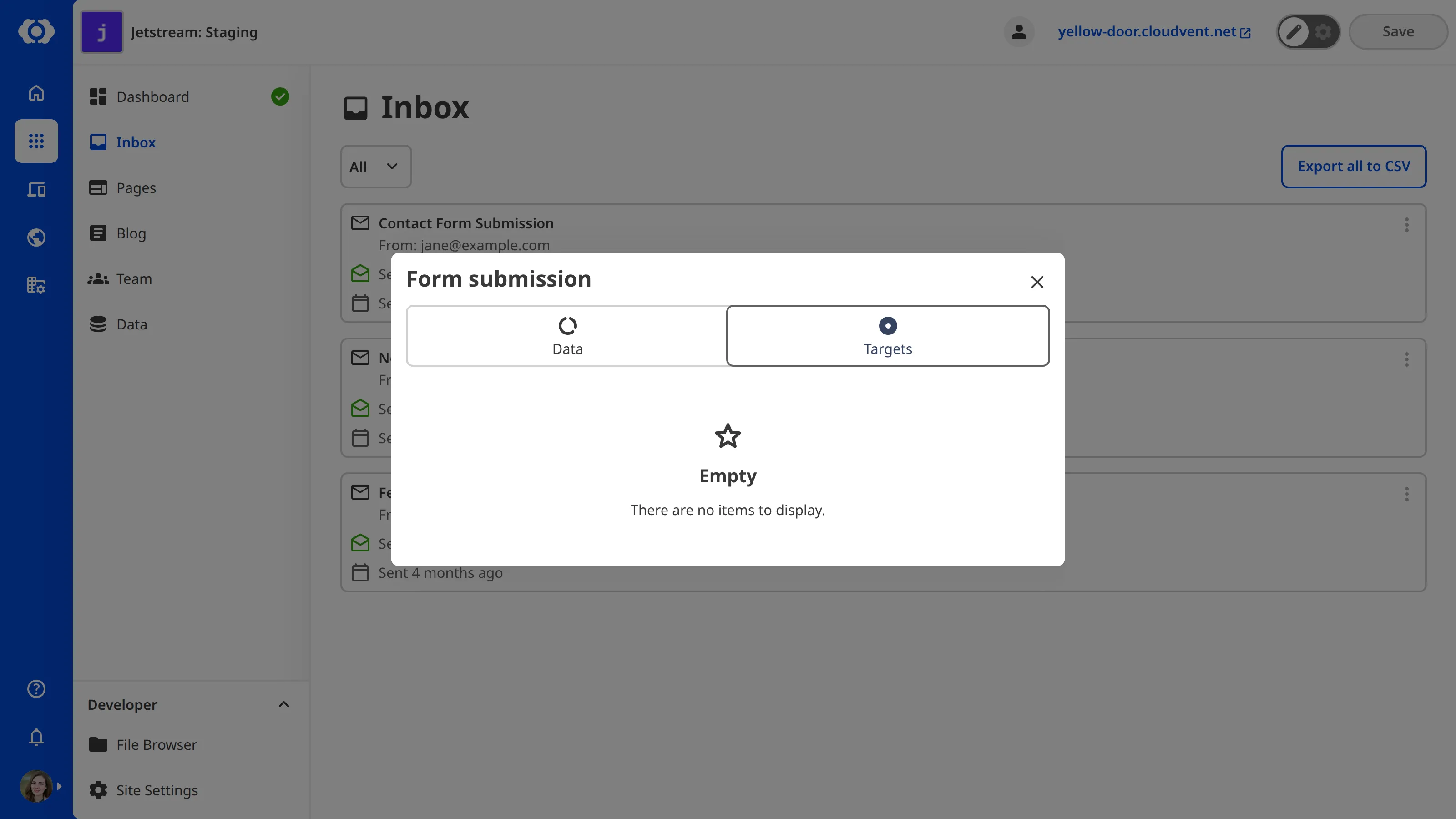 The submission details modal A screenshot of the submission details modal shows the form data, including the sender, subject, and submitted fields.