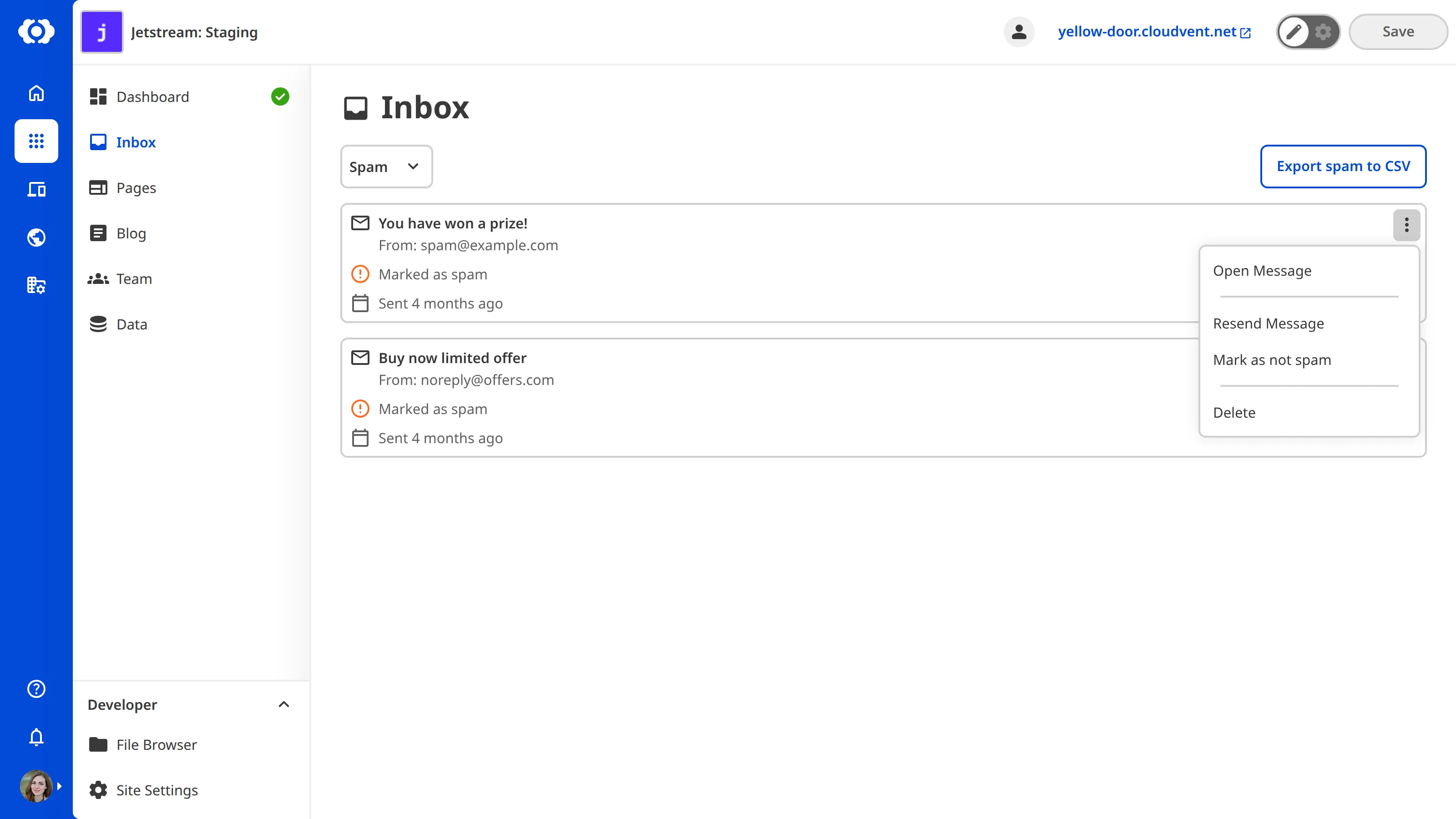 A screenshot of the Inbox shows the Spam category with a context menu open on a submission, providing options to manage the submission.