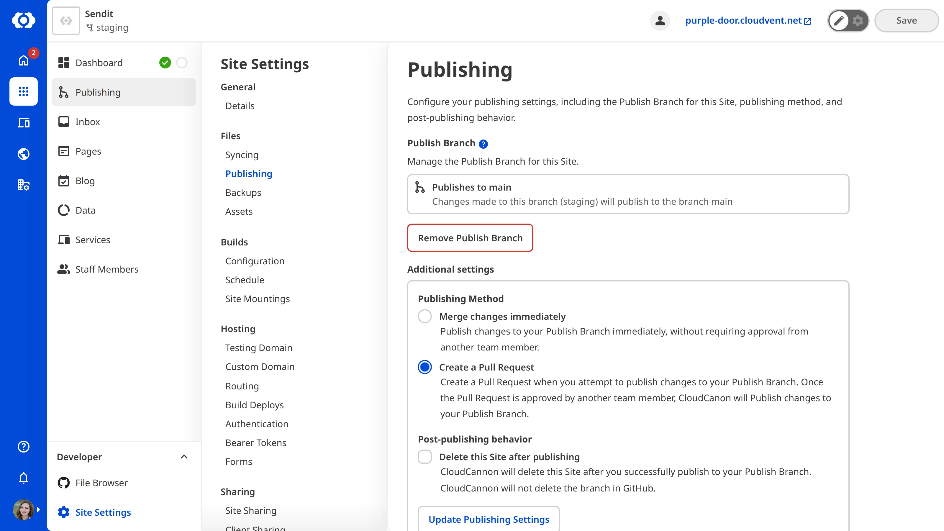 The Publishing settings page in CloudCannon, showing the publish branch and merge mode options.
