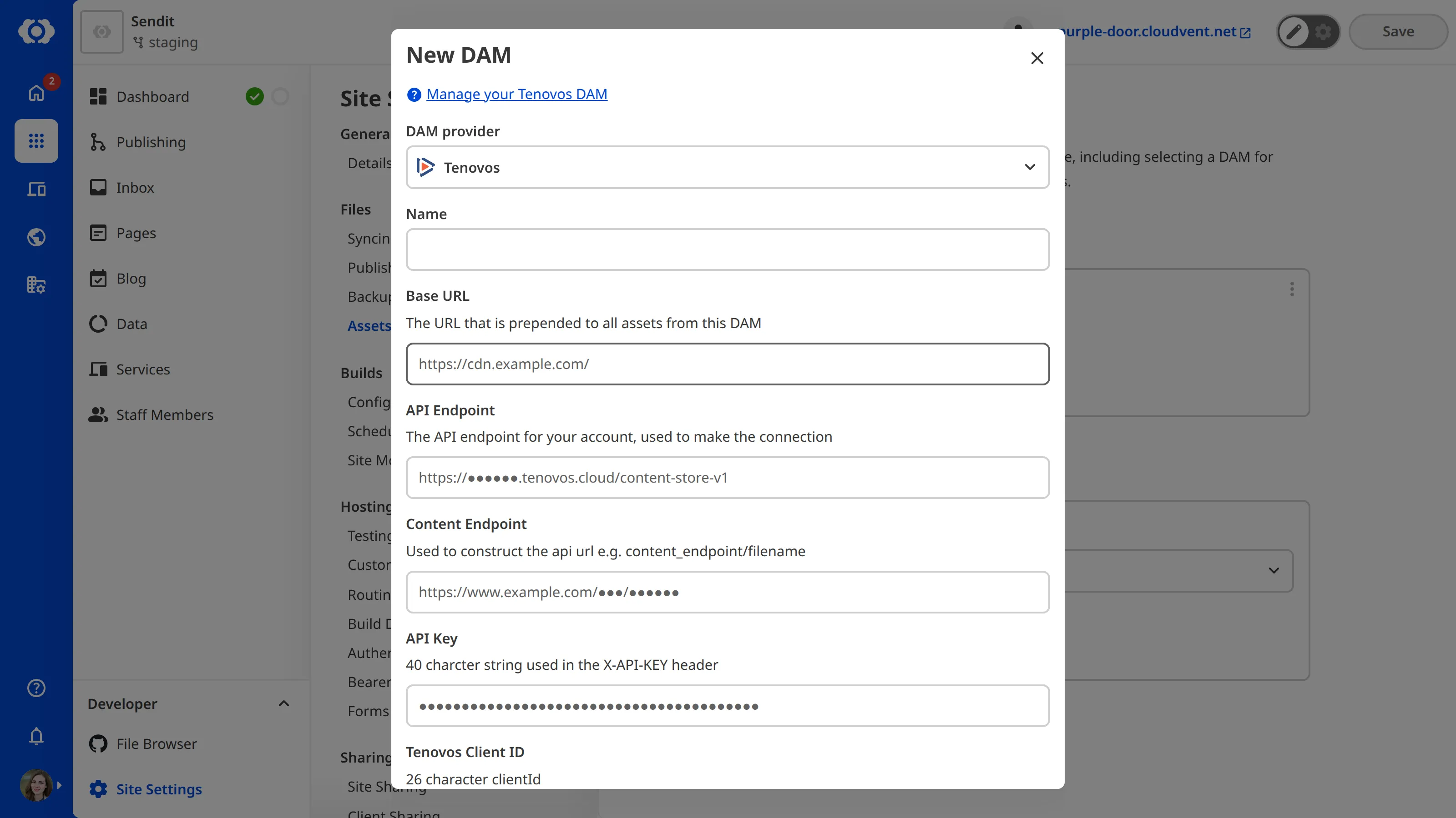 The New DAM modal with Tenovos selected as the DAM provider, showing fields for Name, Base URL, API Endpoint, Content Endpoint, API Key, Client ID, Username, and Password.