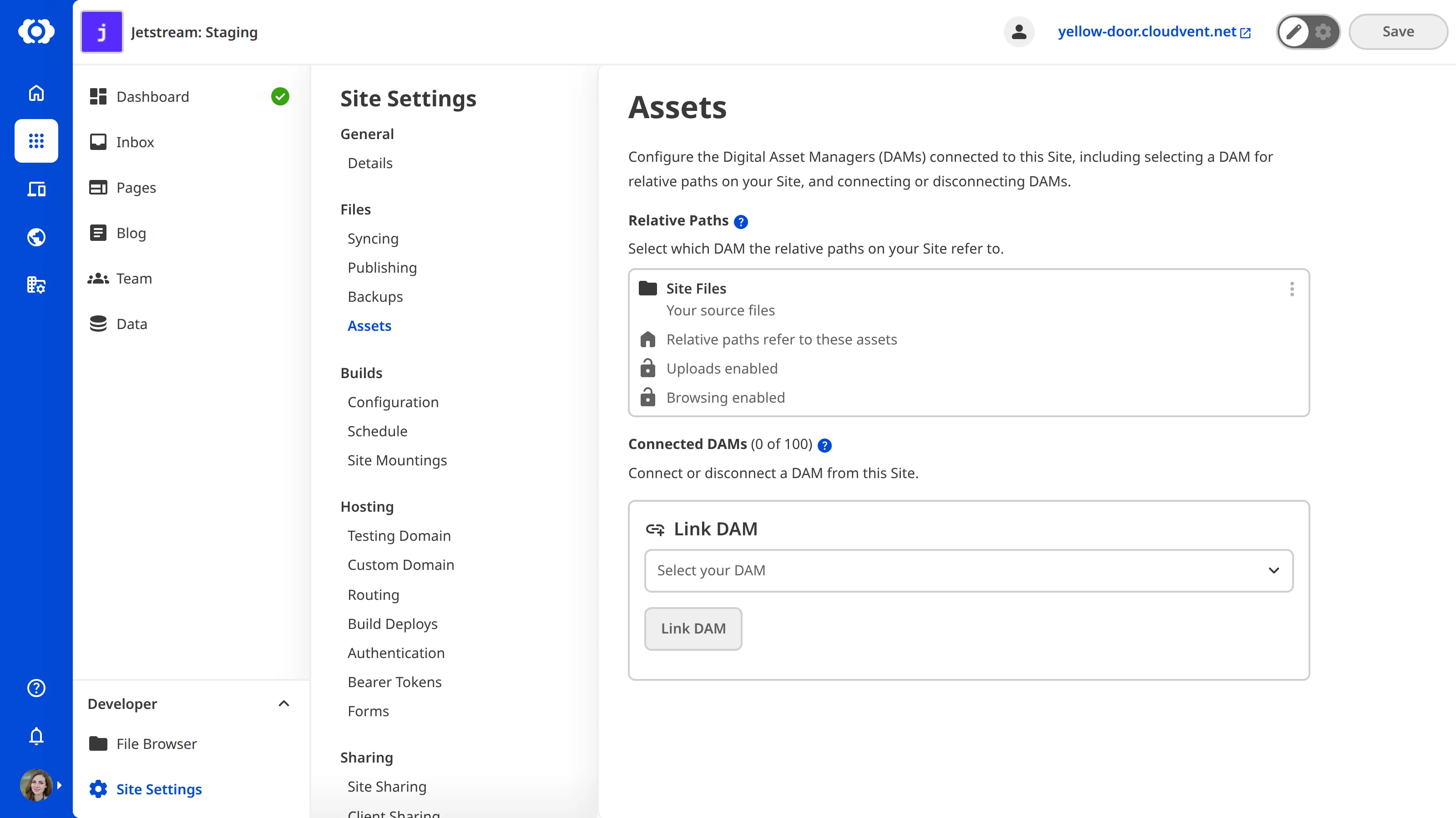 Screenshot of DAMs linked to a site in CloudCannon