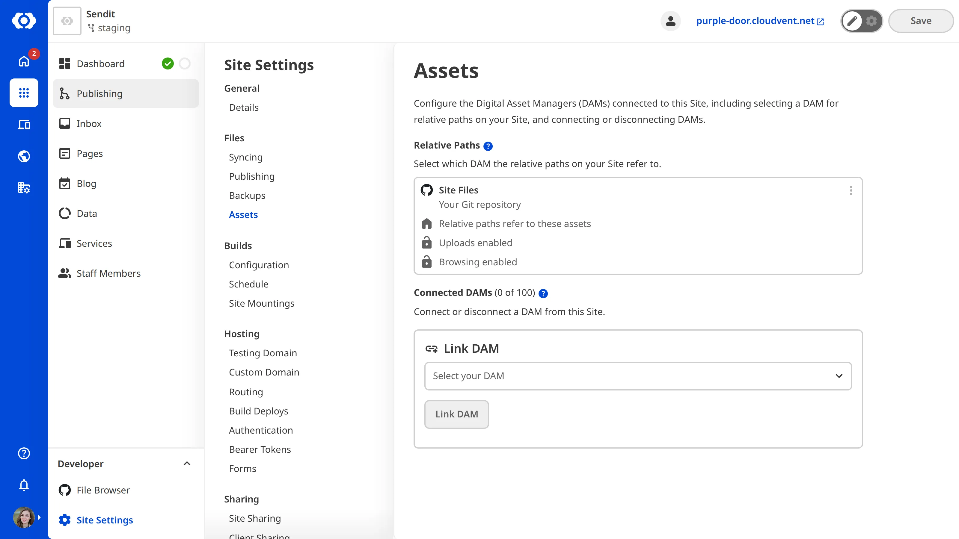 The Site Settings Assets page, showing options to link a DAM to your site.