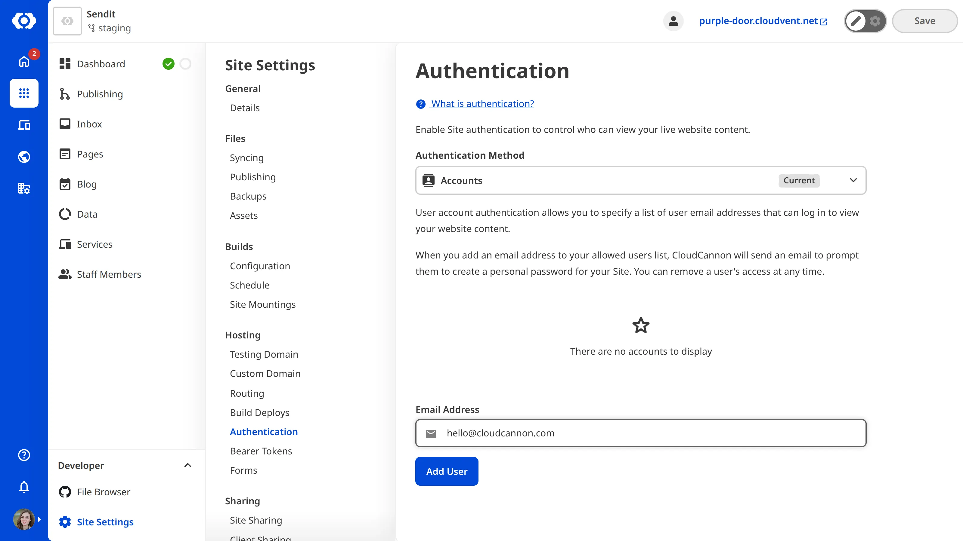 A screenshot of the Authentication page shows a text field where you can enter the email address of the person you want to invite.