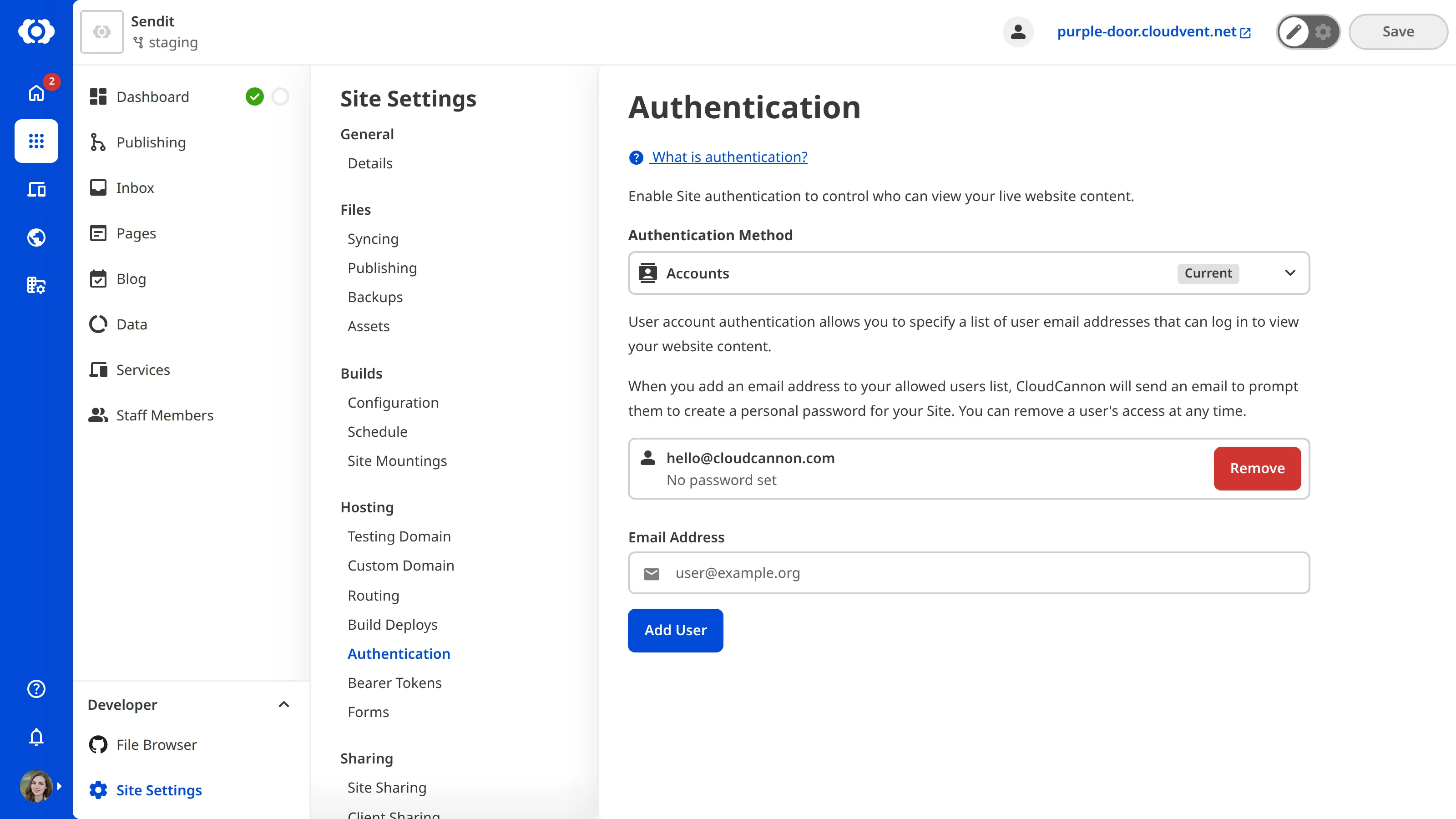 A screenshot of the Authentication page shows a card for each user you have invited to your Site.