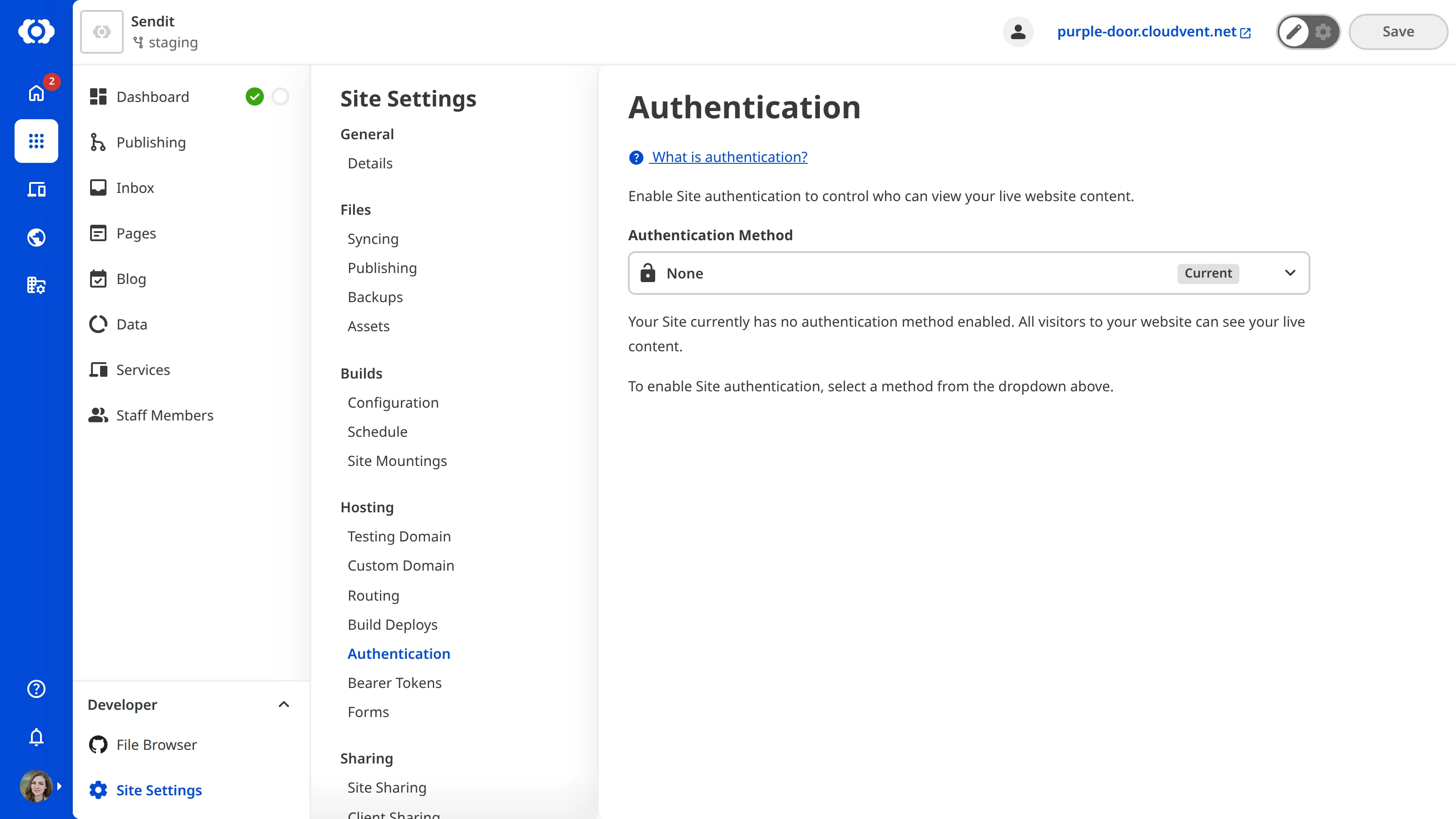 The Authentication Page A screenshot of the Authentication page under Site Settings shows that no authentication method has been selected for this site.