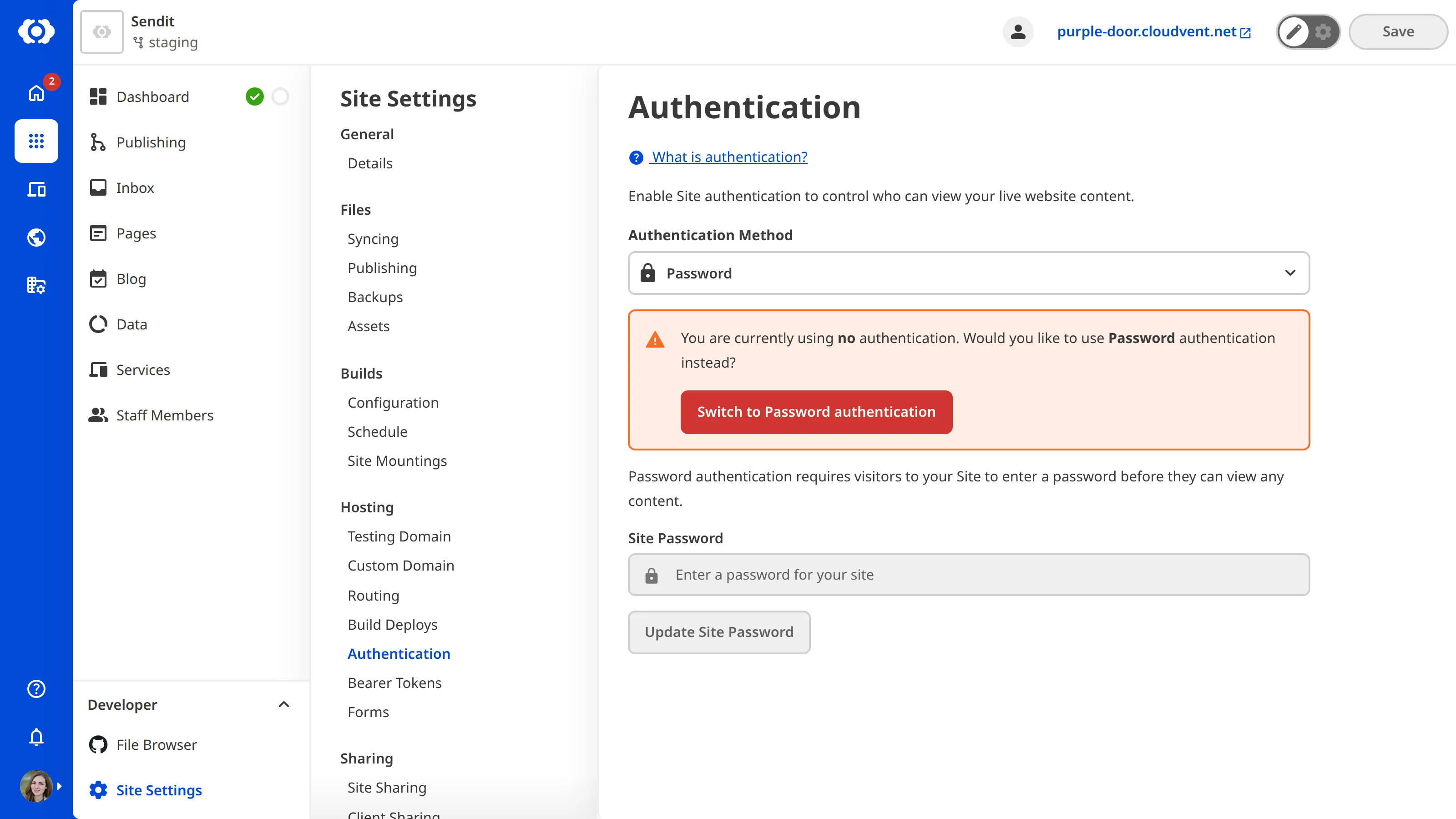A screenshot of the Authentication page shows the Switch to Password authentication button.