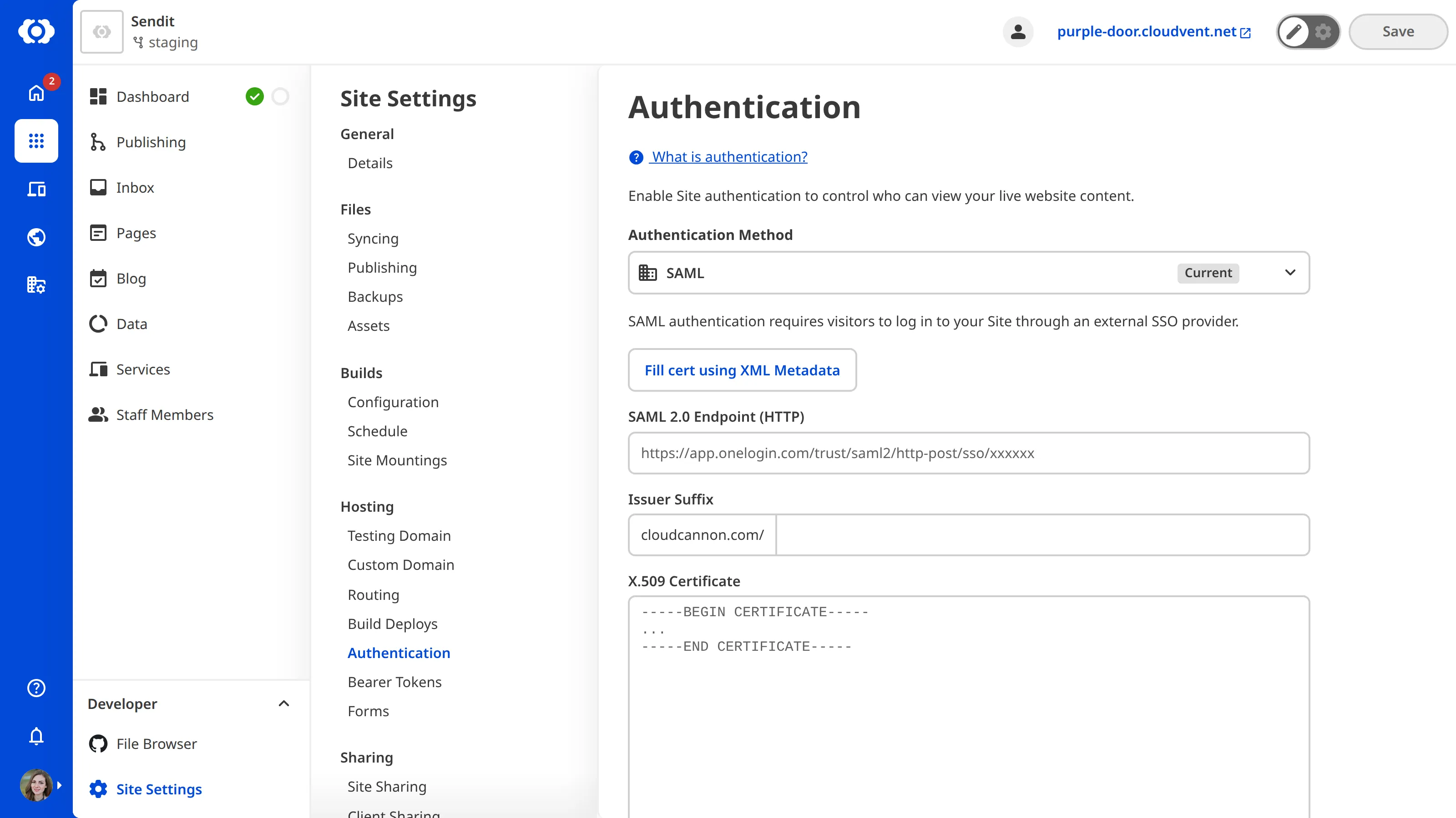 A screenshot of the Authentication page shows fields for SAML 2.0 Endpoint (HTTP), Issuer Suffix , and X.509 Certificate.