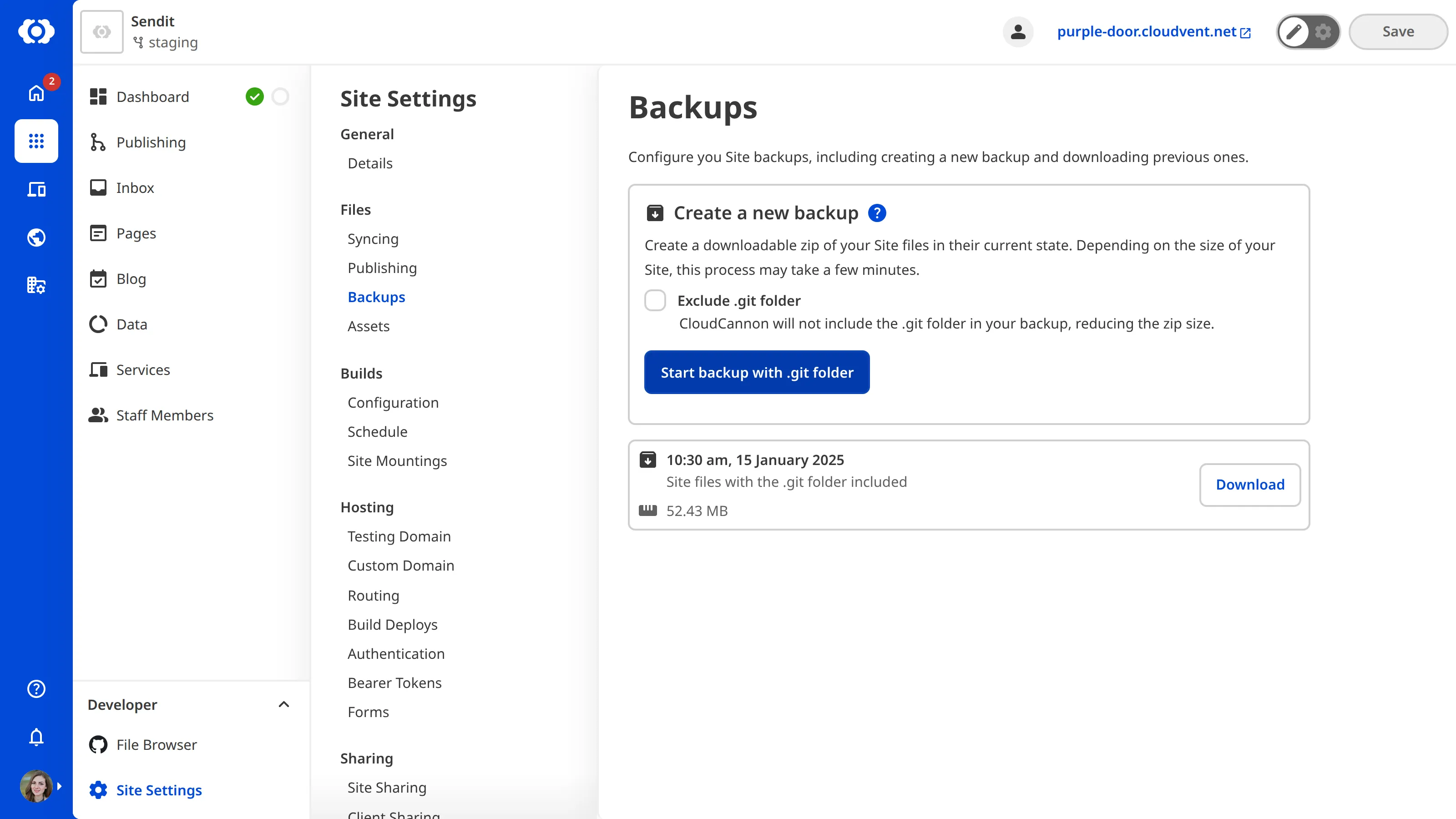 Starting a new backup from your source files and downloading backups from specified date time