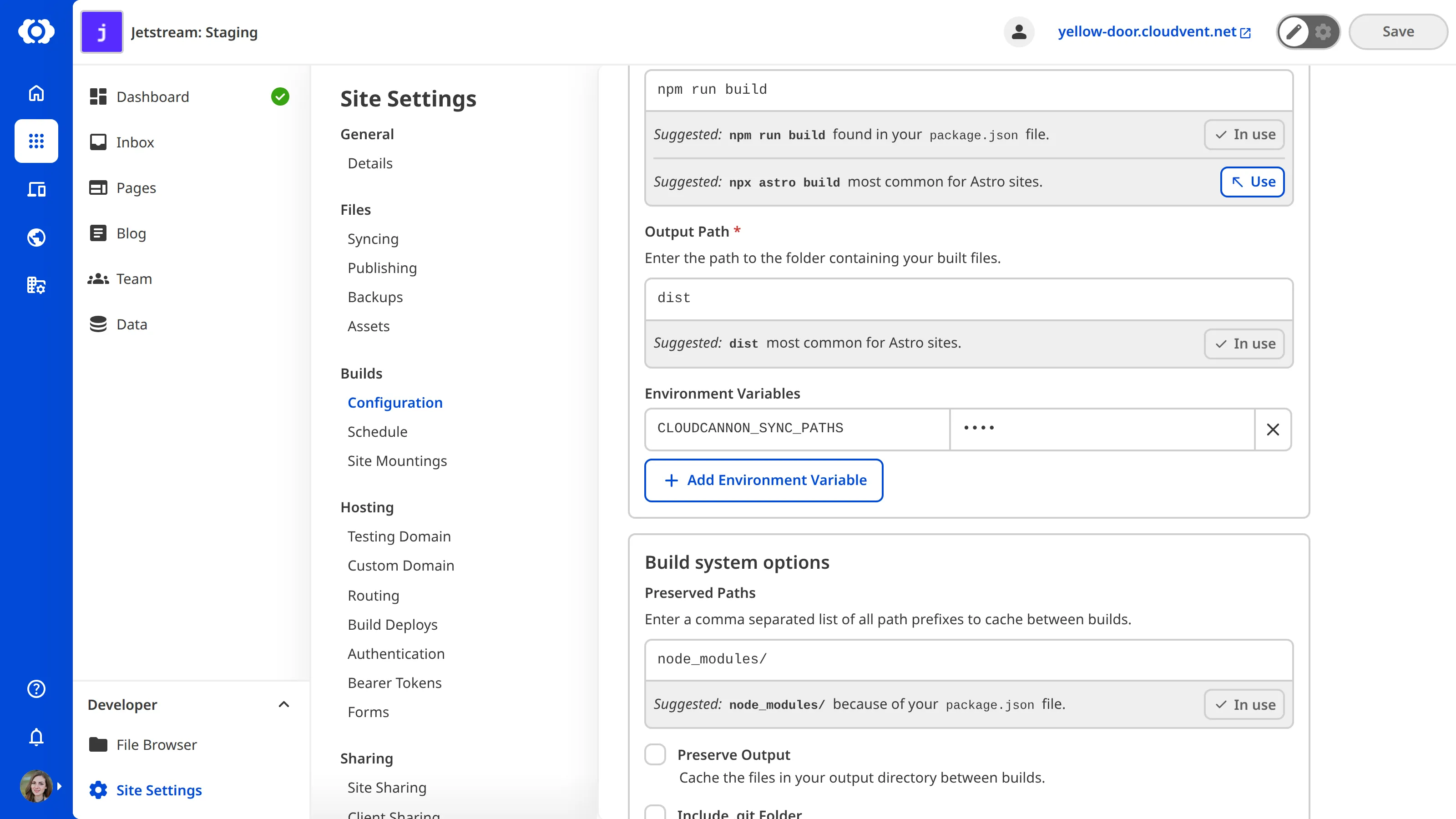 The Build Settings sync paths Screenshot of build settings with sync paths configured