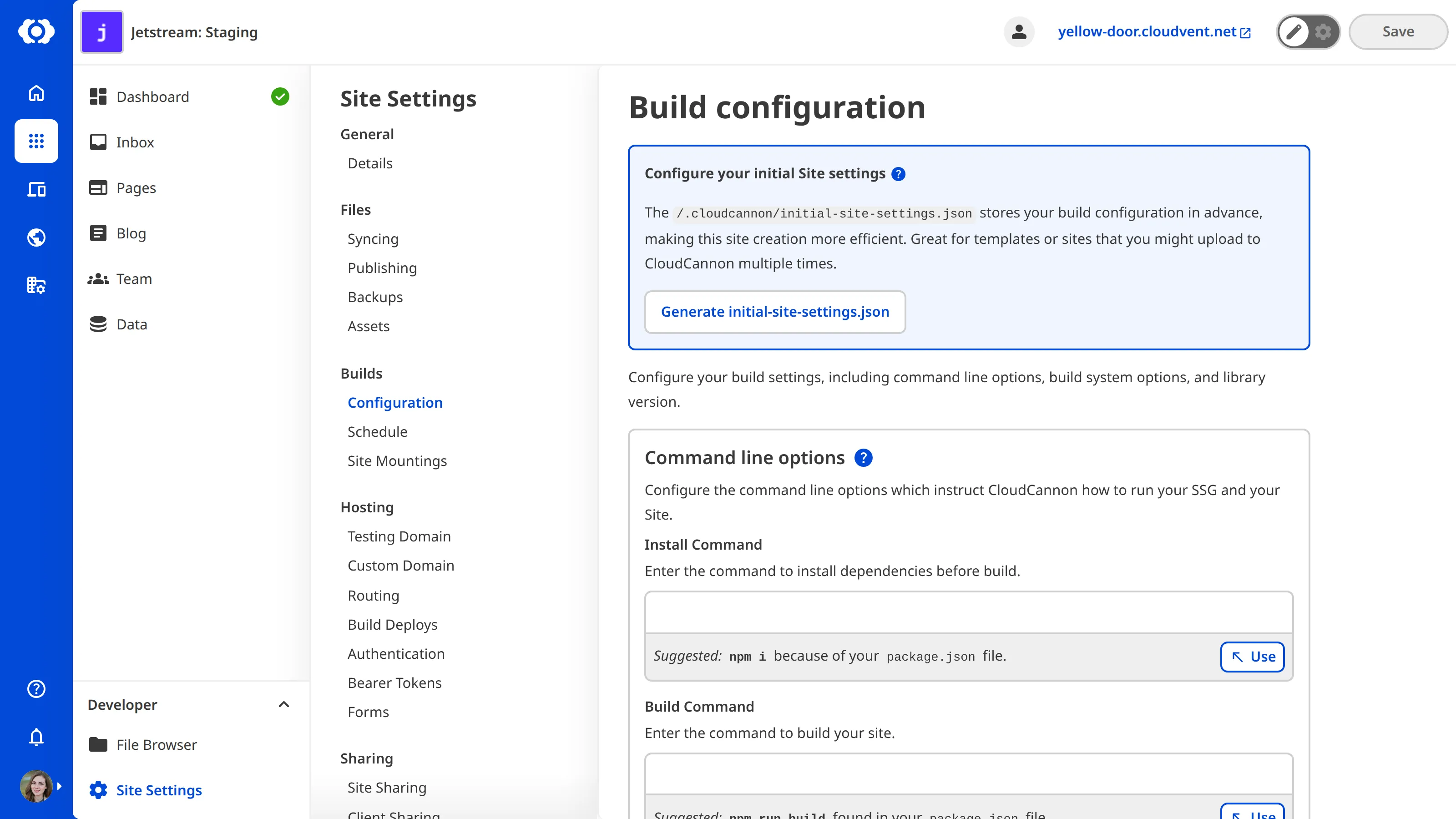 The Build Configuration page A screenshot of the Build Configuration page shows blue boxes containing CloudCannon's suggestions for your command line options.