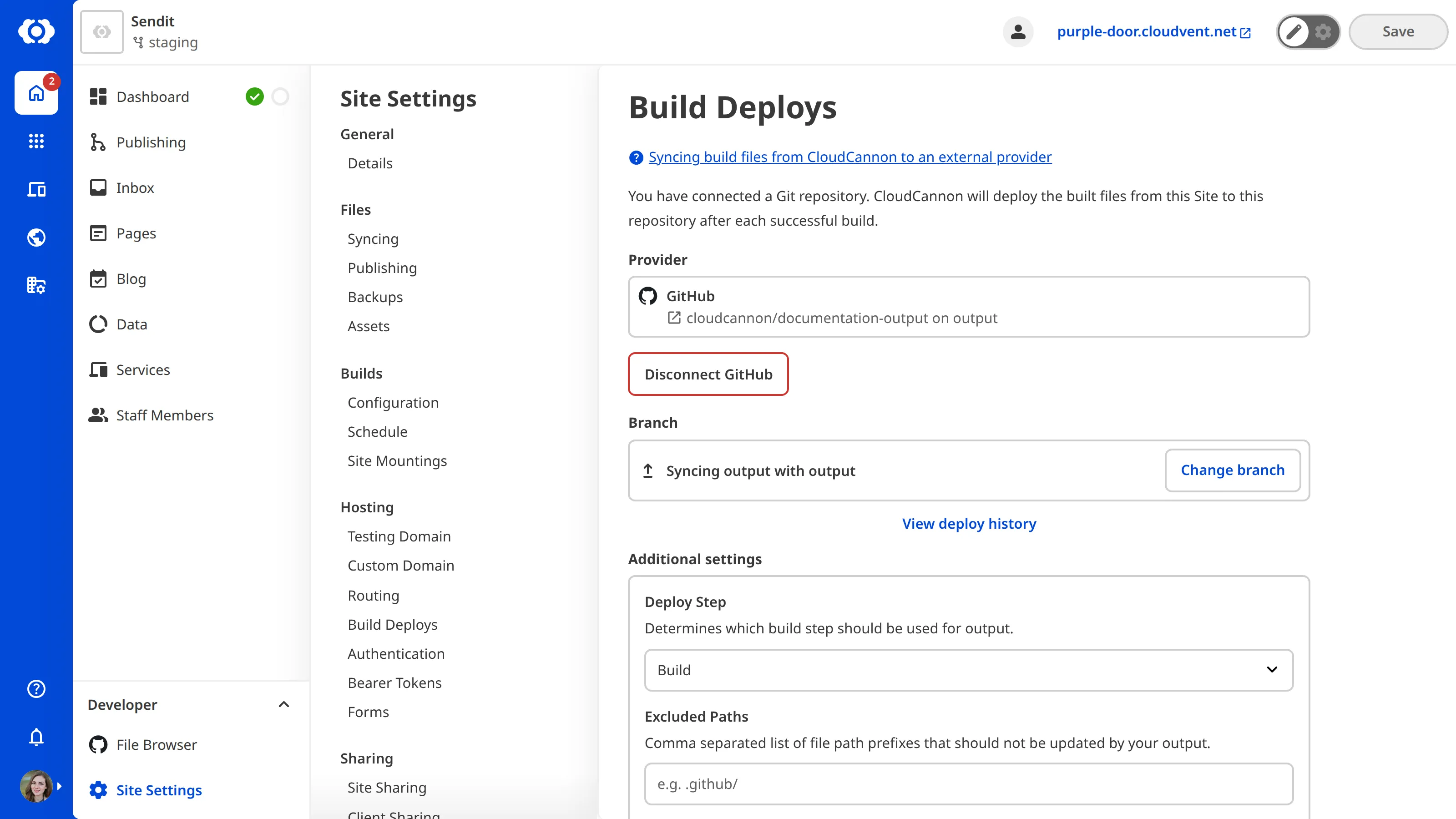 The Build Deploys page shows a GitHub repository connected as the output provider, with options to disconnect, change branch, view deploy history, and configure the deploy step and excluded paths.