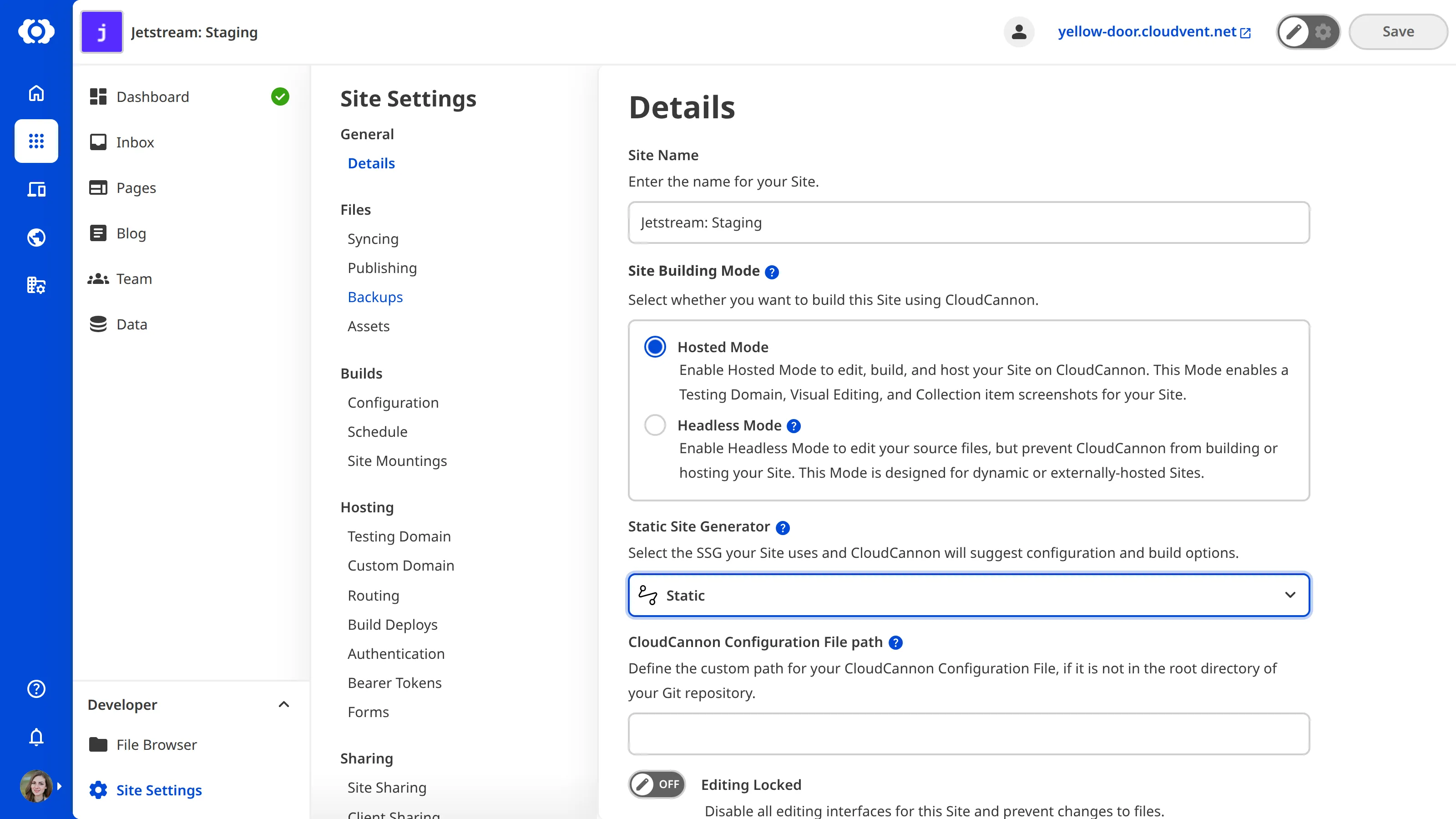 A screenshot of the Build Site page with the SSG Static selected from the dropdown menu.