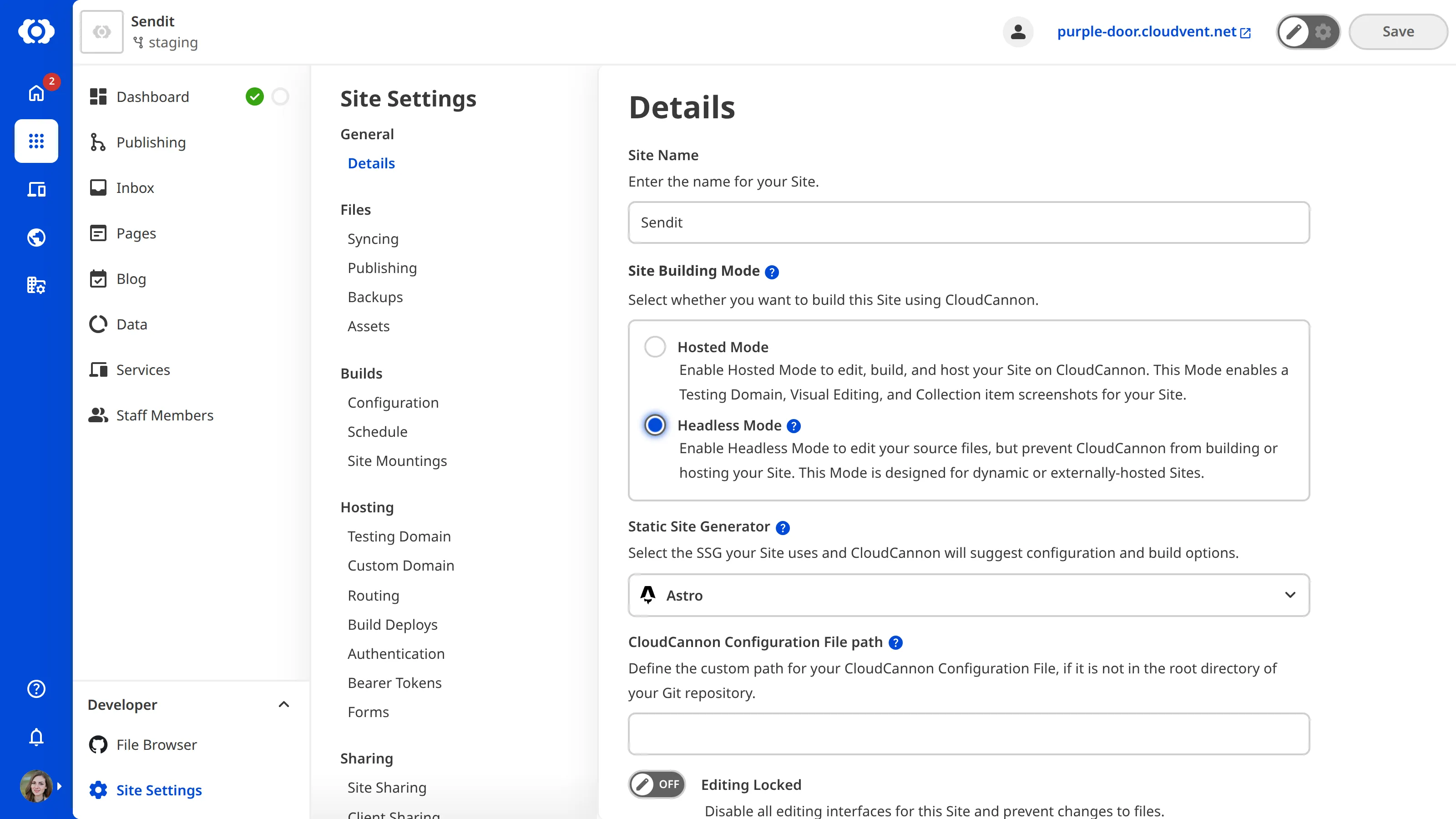 The Site Settings Details page with Headless Mode selected under Site Building Mode.