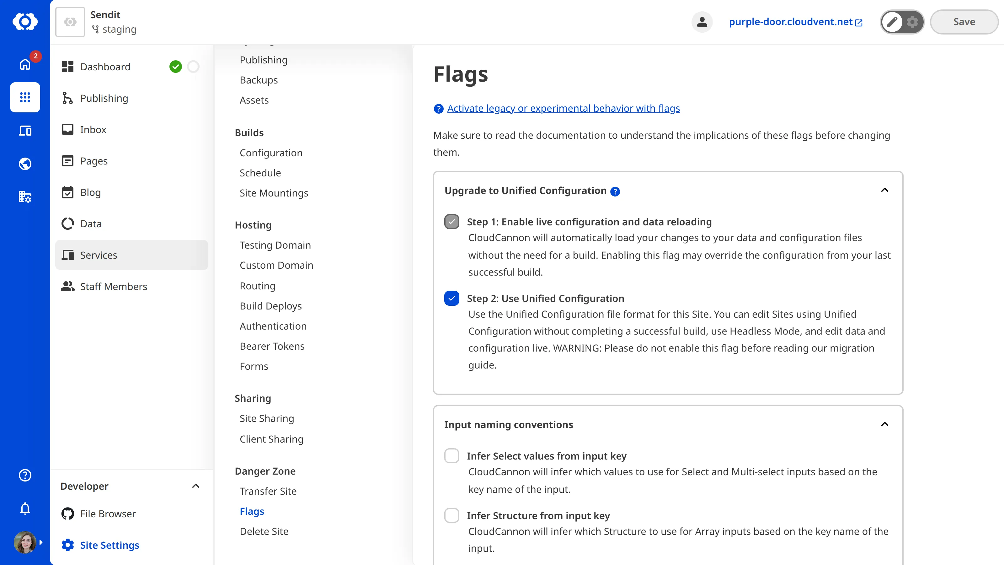 The Flags page A screenshot of the Flags page in your Site Settings shows three checkboxes for enabling opt-in behavior in CloudCannon.