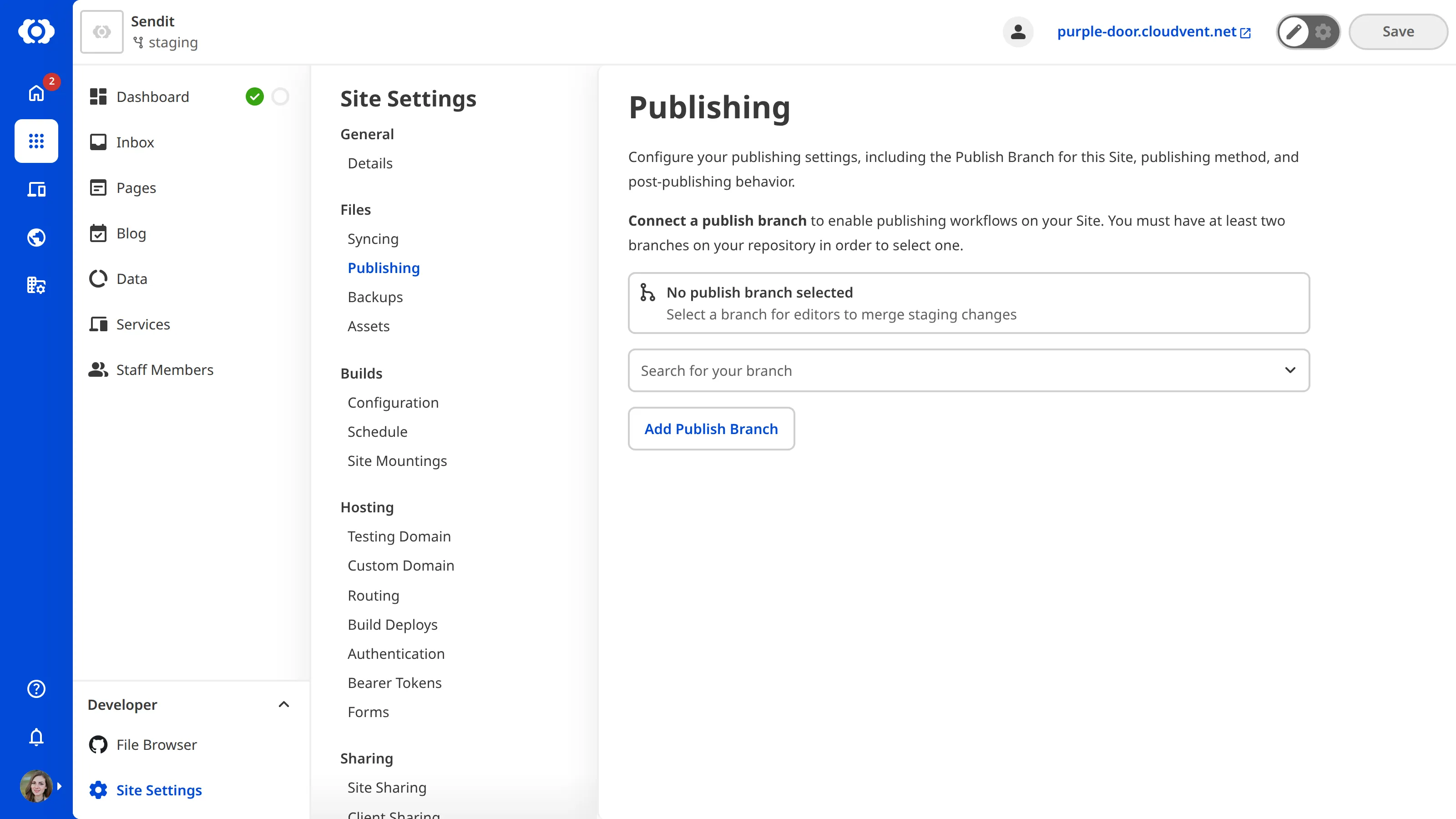 A screenshot of the Publishing page shows the empty state with a search field and button to add a Publish Branch.