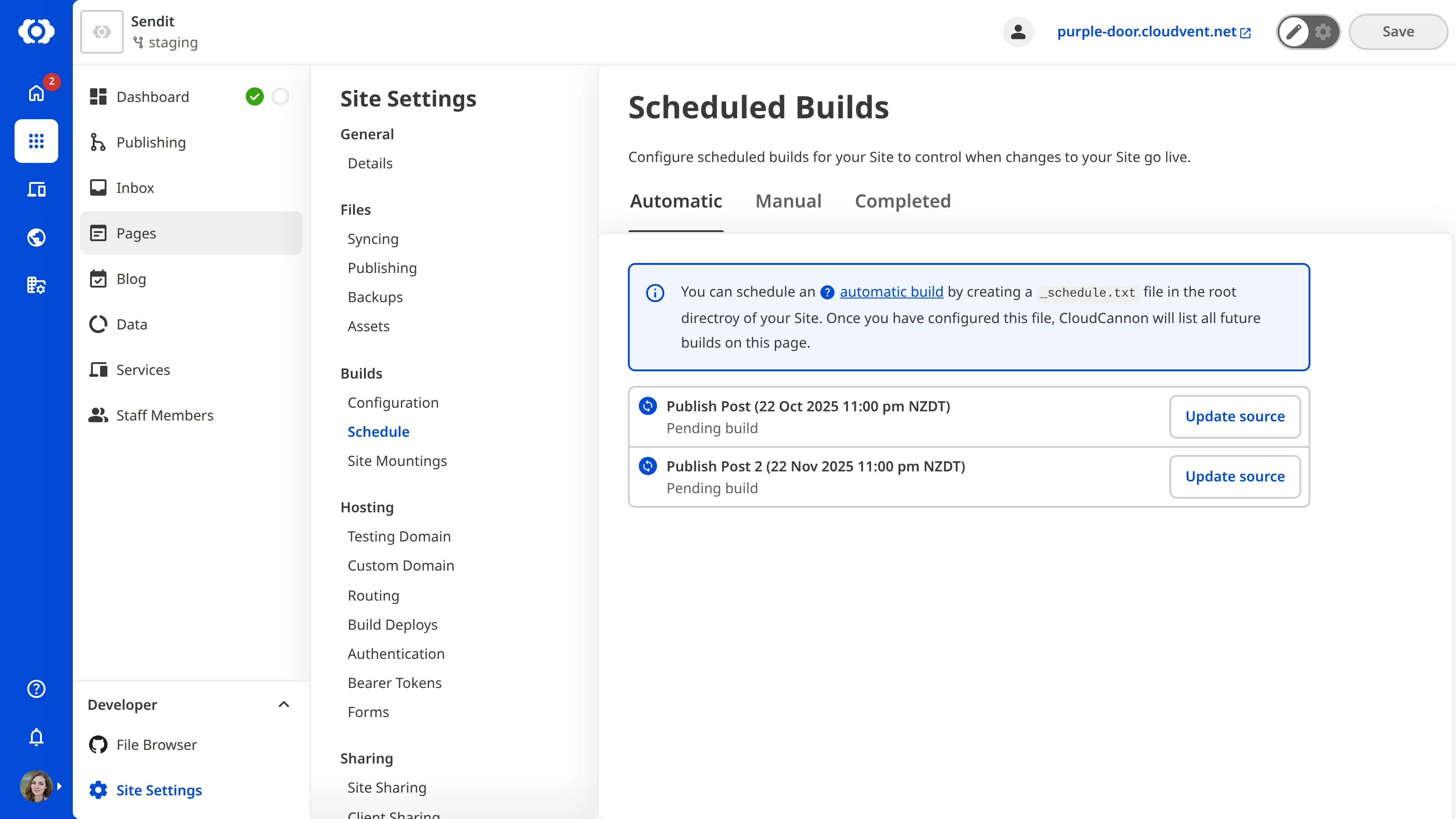 Automatic Builds Schedule interface