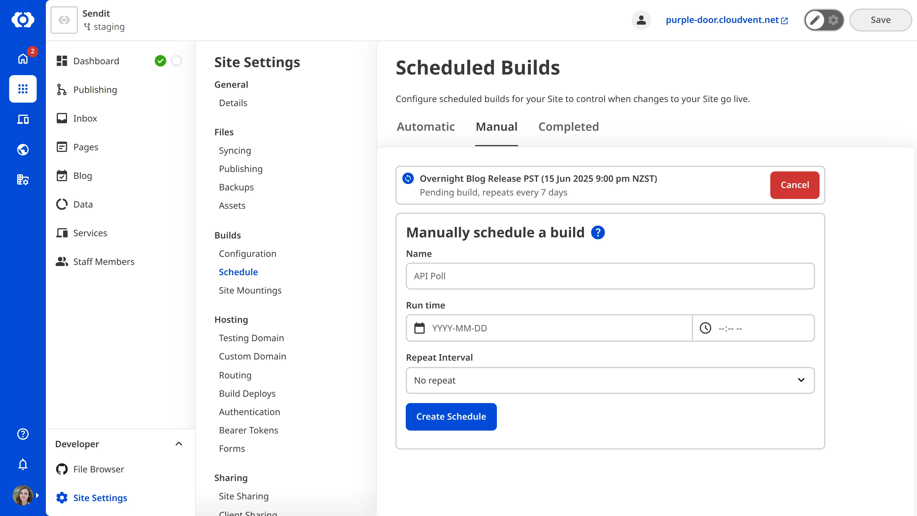 Manual Builds Schedule interface