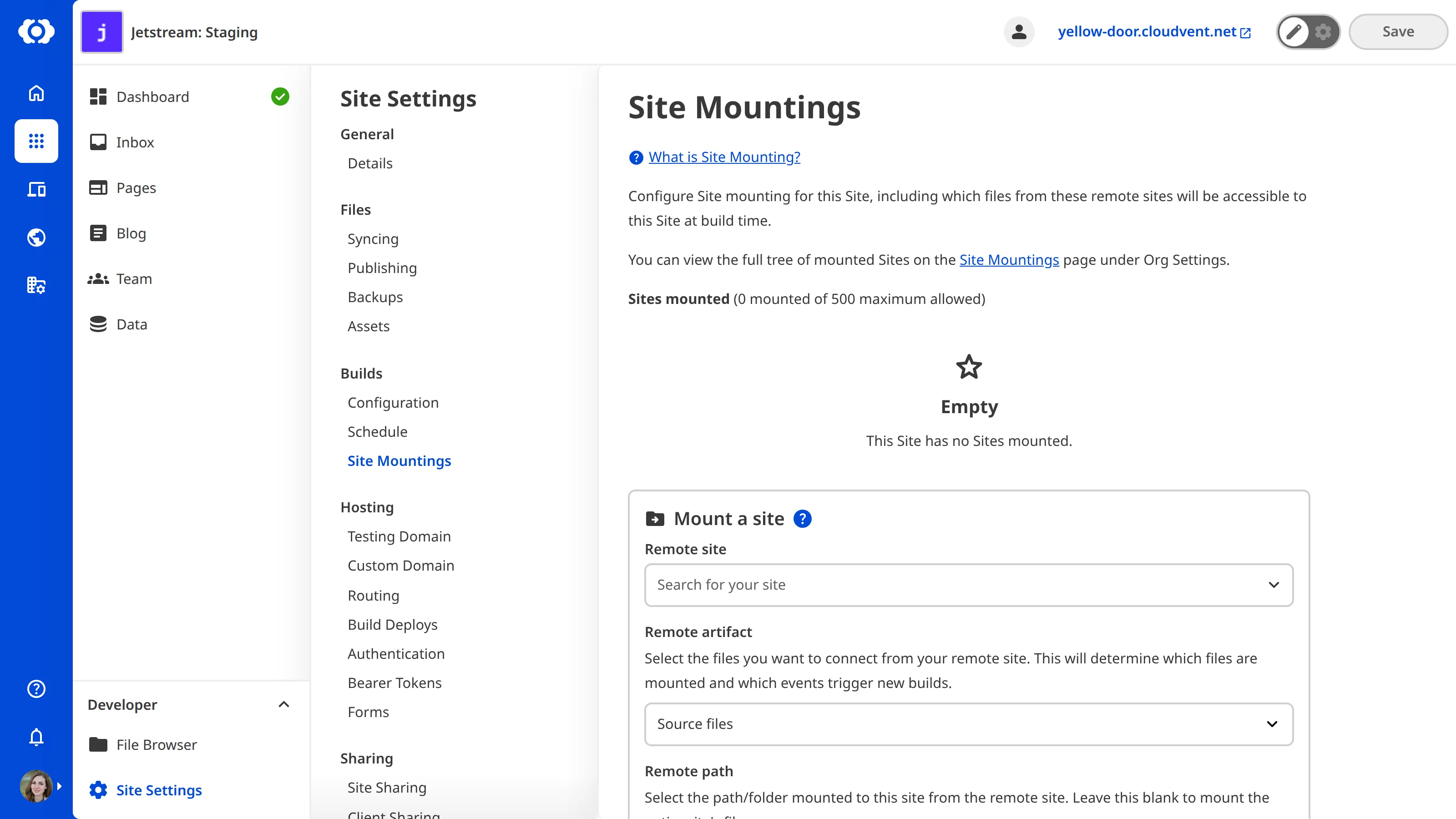 The Site Mountings page The Site Mountings page shows an empty mounted sites list and a form to mount a new site with fields for Remote site, Remote artifact, Remote path, and Local path.