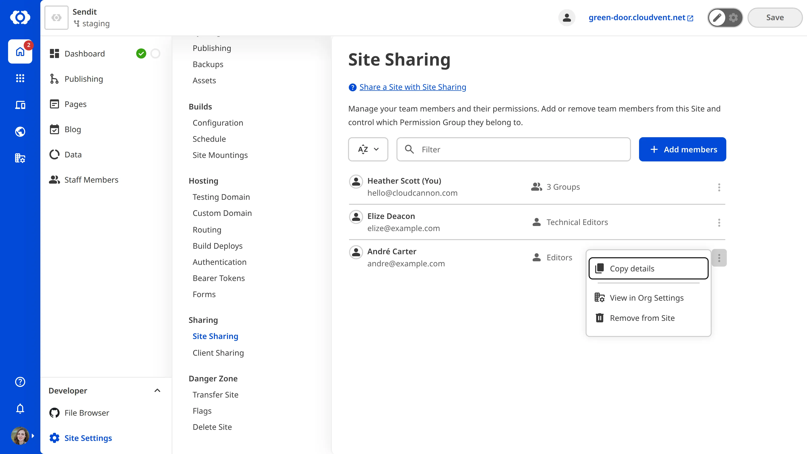 A screenshot of the Site Sharing page showing a team member's context menu open, displaying the Remove from Site option.