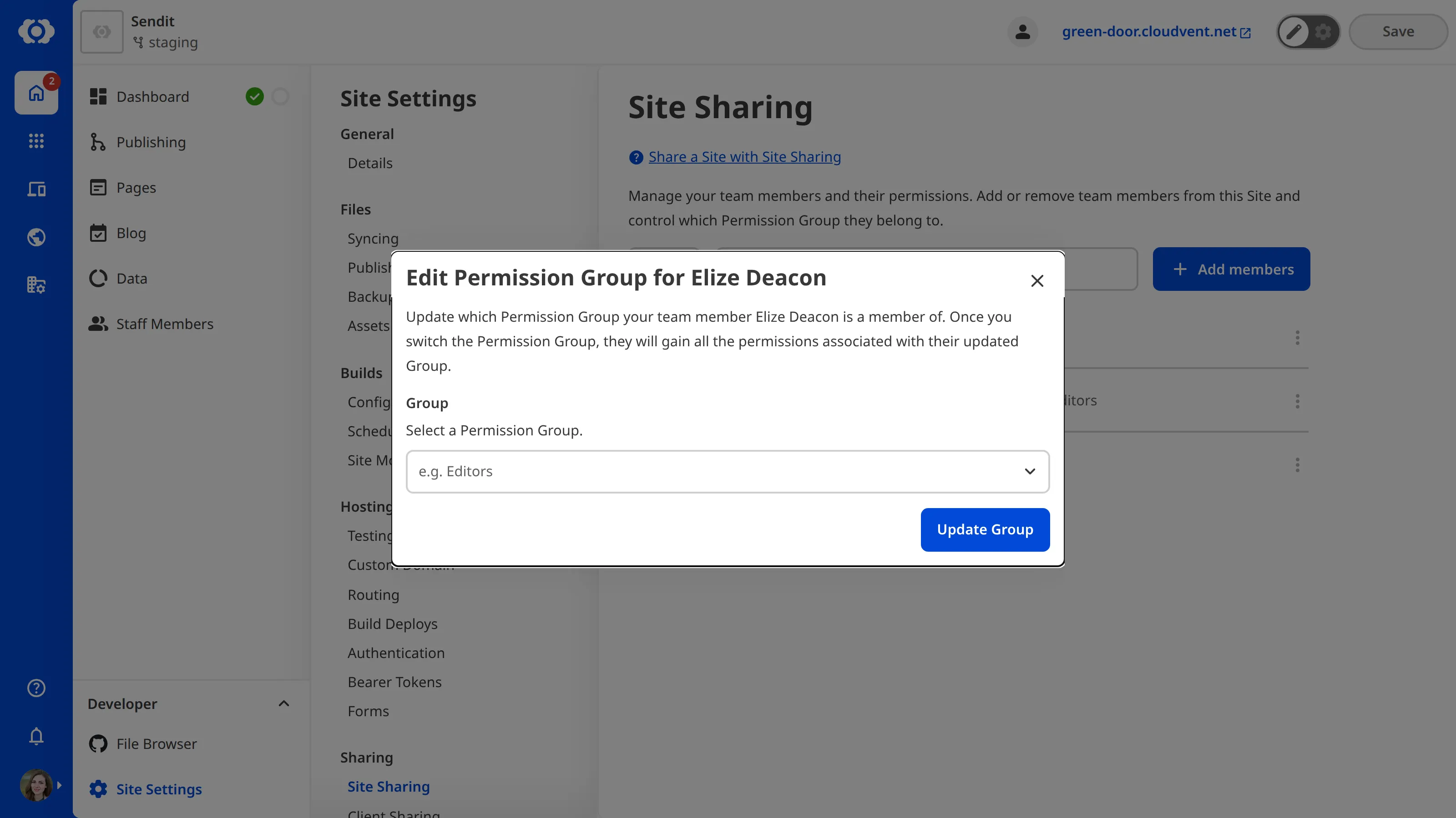 A screenshot of the Edit Permission Group modal shows one field to select which Site Sharing Permission Group a team member belongs to.
