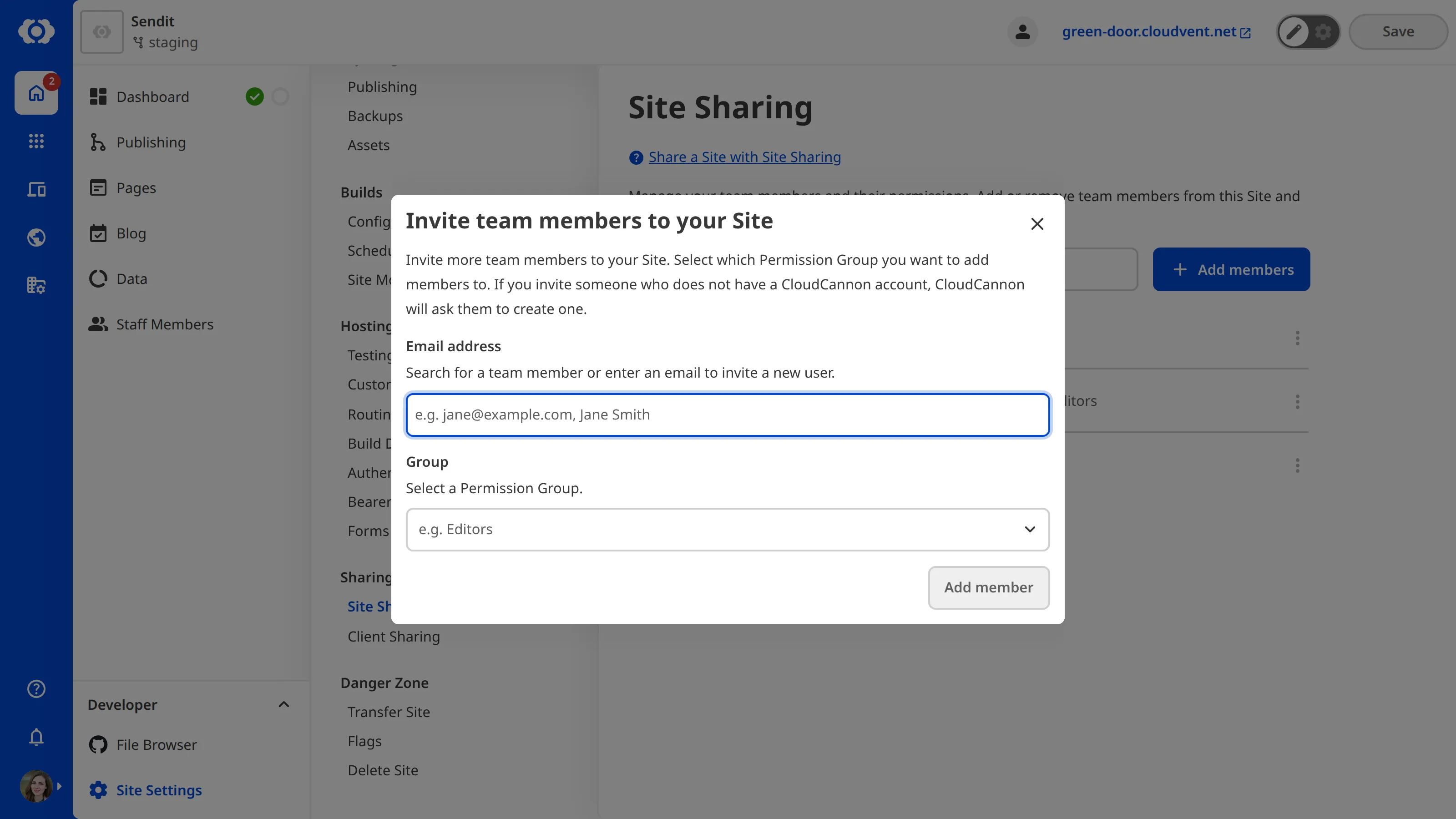 A screenshot of the Invite Team Members to Site modal shows two fields, one for names and one for Permission Groups.