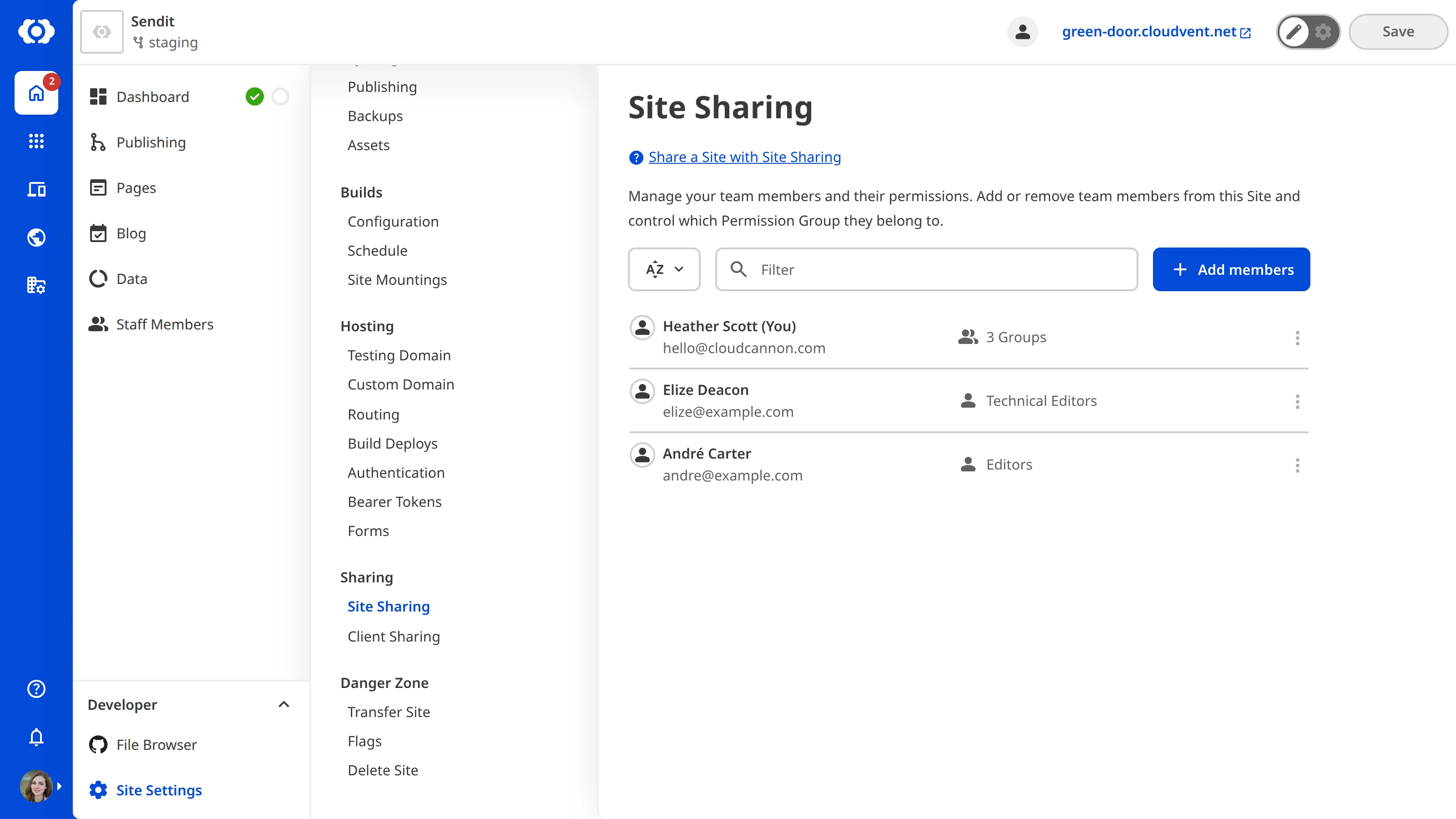 The Site Sharing page A screenshot of the Site Sharing page shows team members who have access to this site.