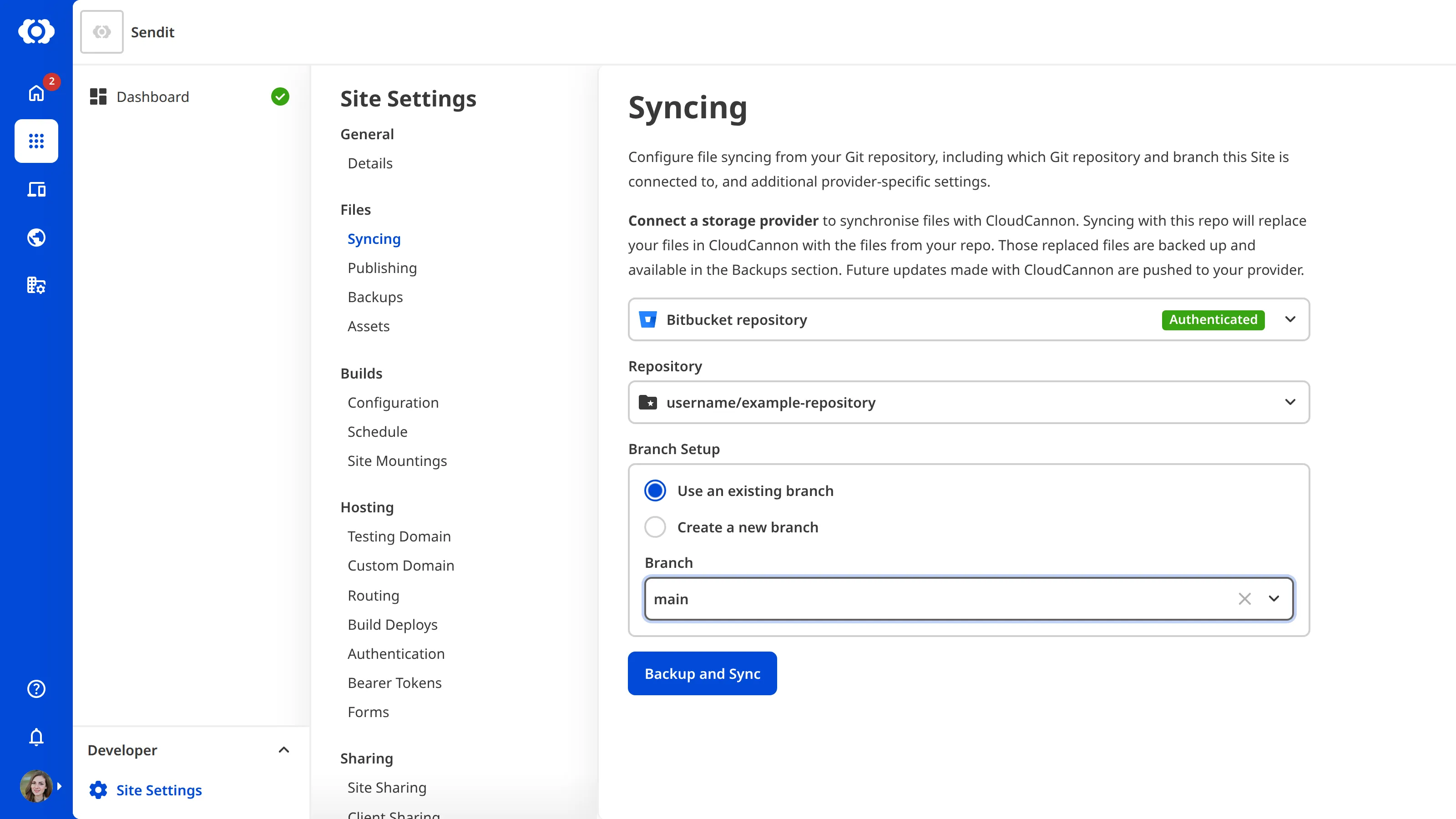 The Site Settings Syncing page with a Bitbucket repository selected from the repository dropdown.
