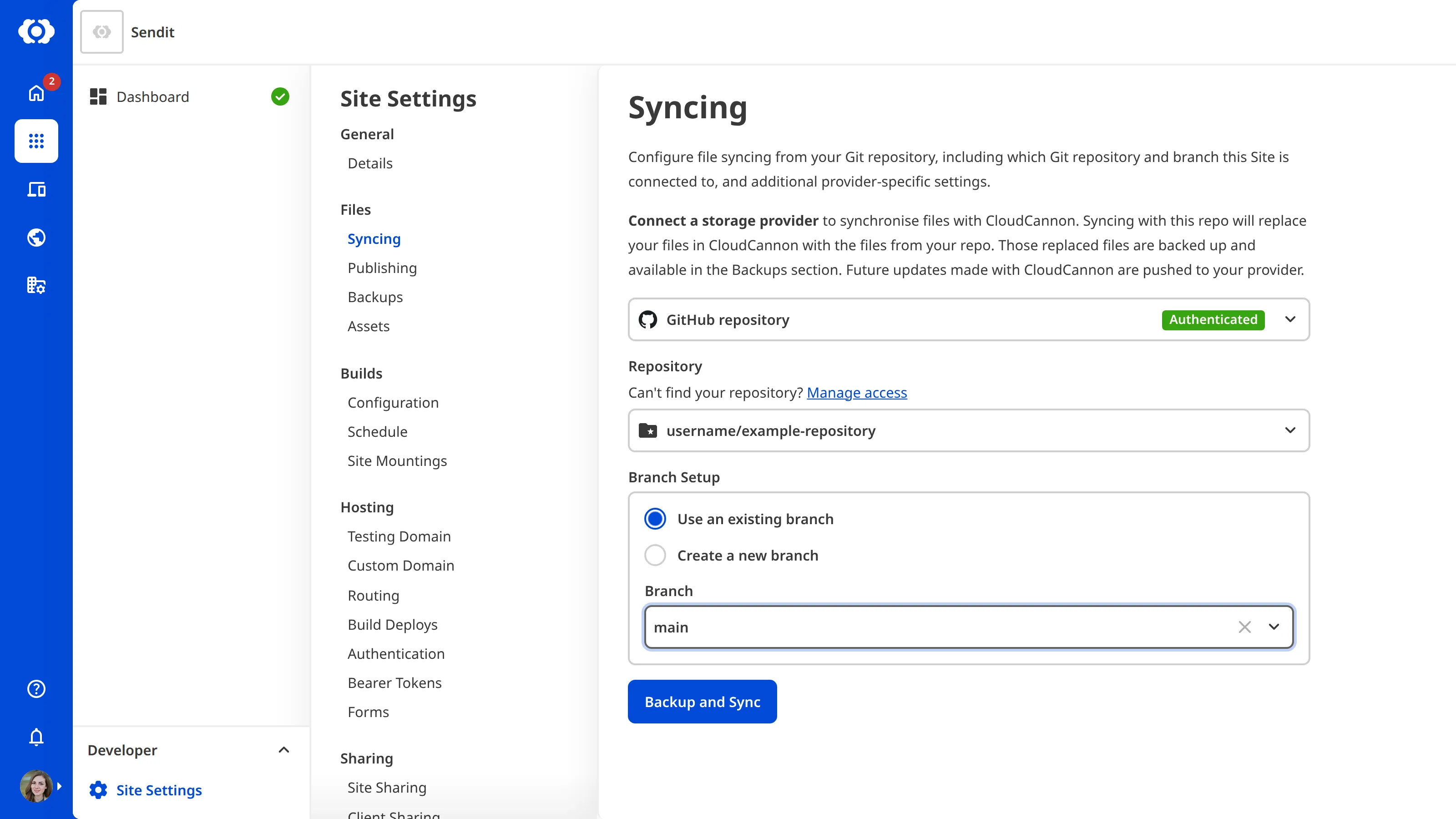 The Site Settings Syncing page with a GitHub repository selected from the repository dropdown, showing the Configure the GitHub App link.