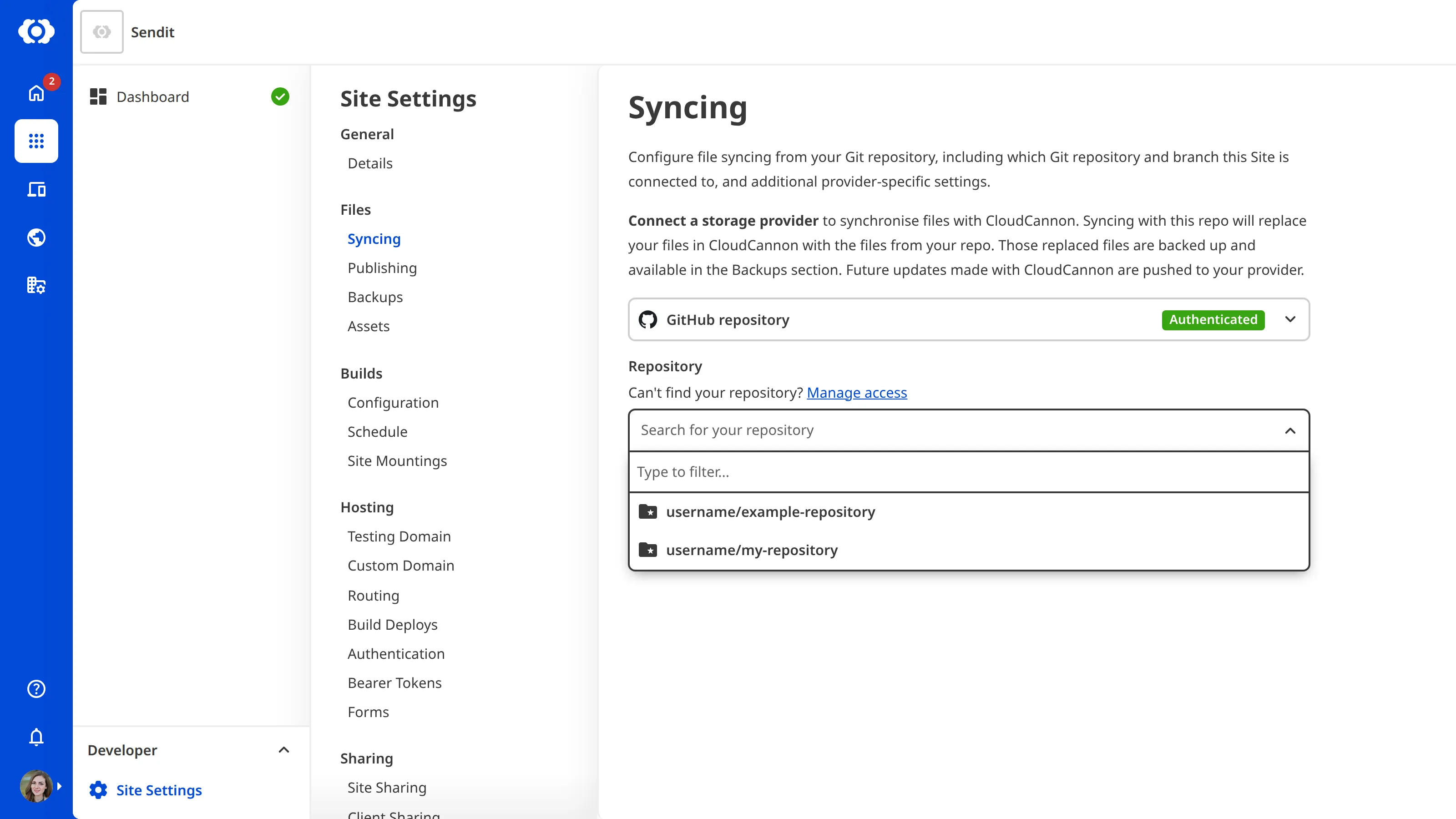 The Site Settings Syncing page with GitHub authenticated and a prompt to install the GitHub App to grant repository access.