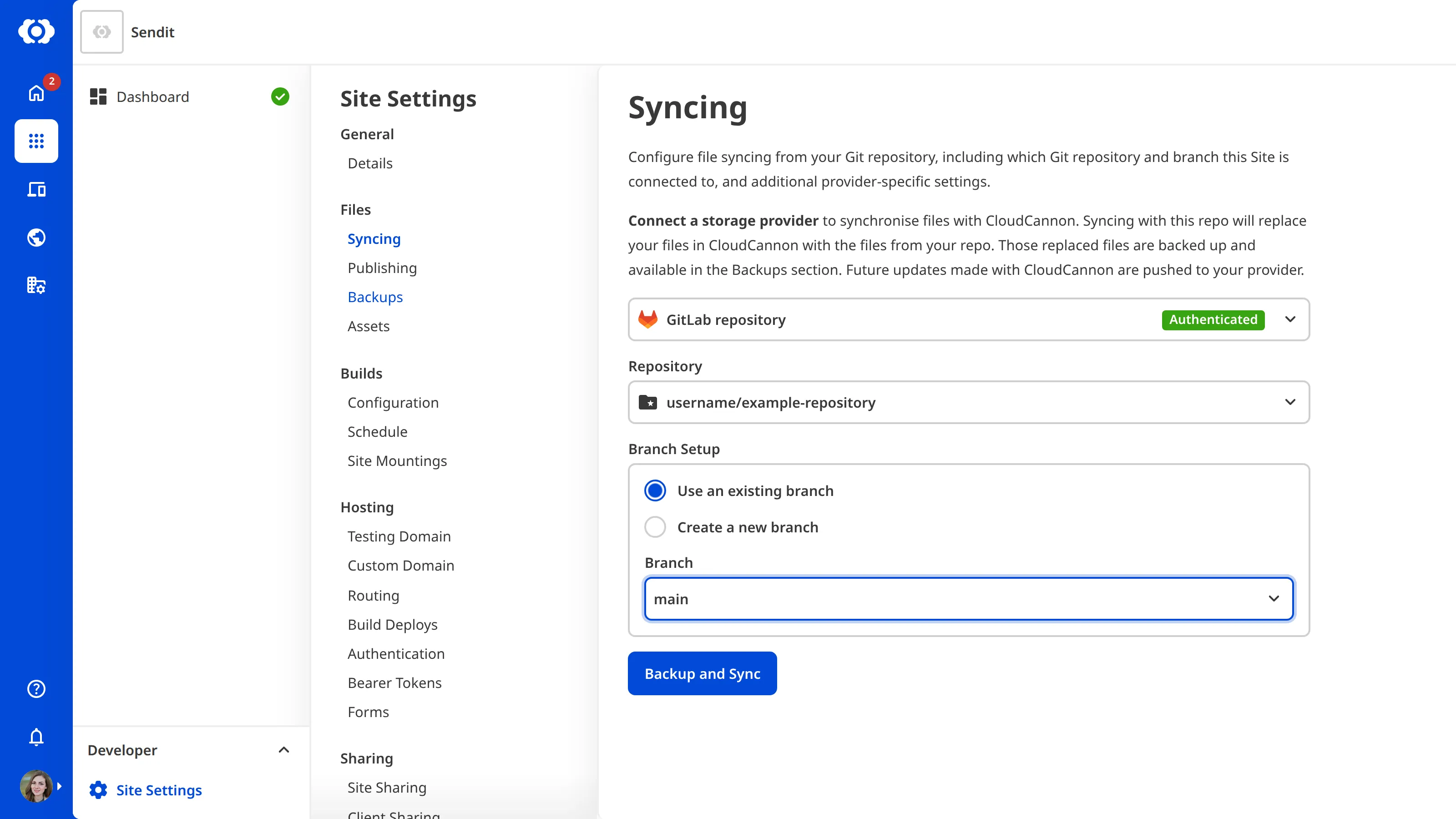 The Site Settings Syncing page showing a GitLab repository and branch selected.
