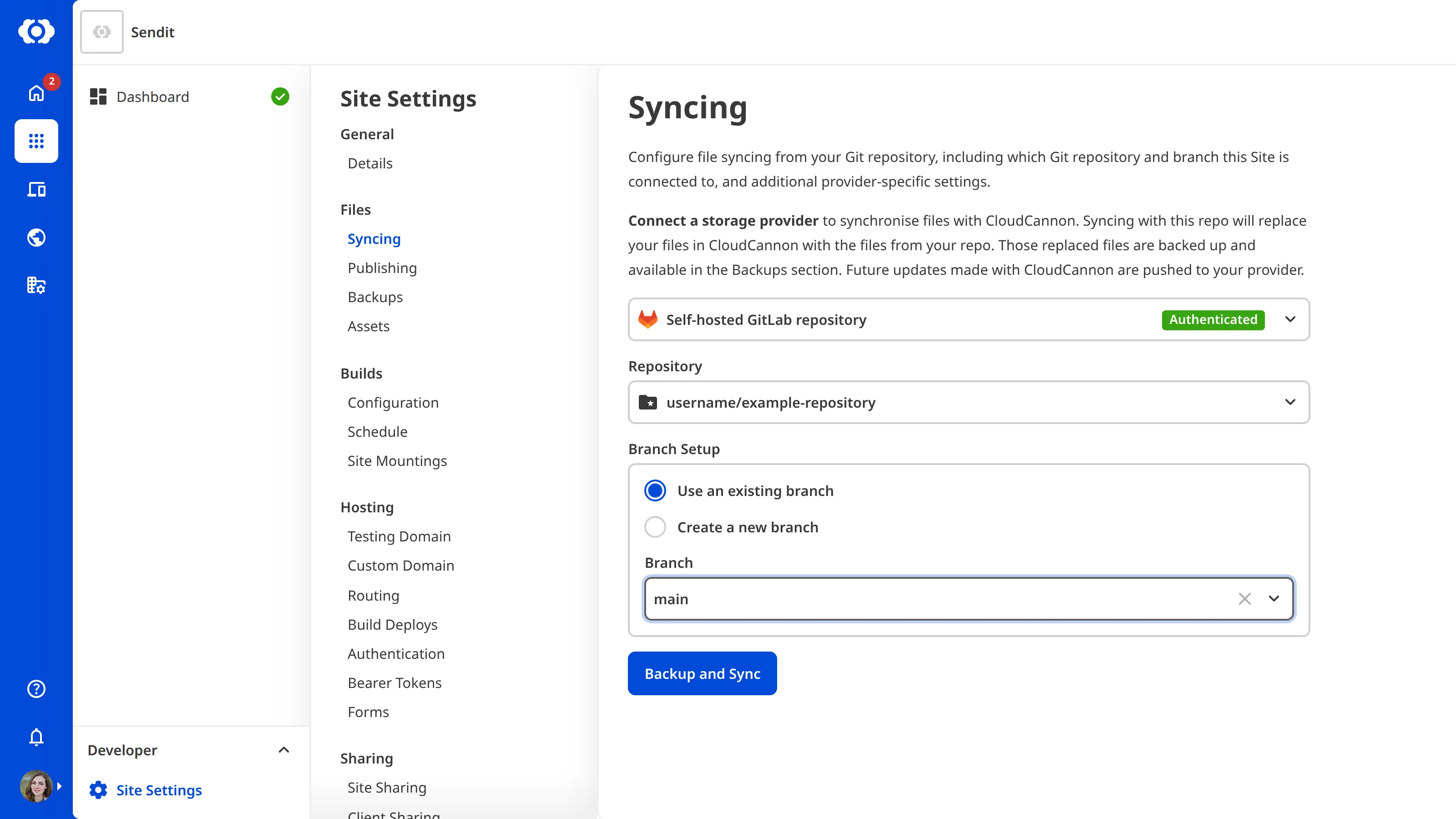 The Site Settings Syncing page showing a Self-hosted GitLab repository and branch selected.