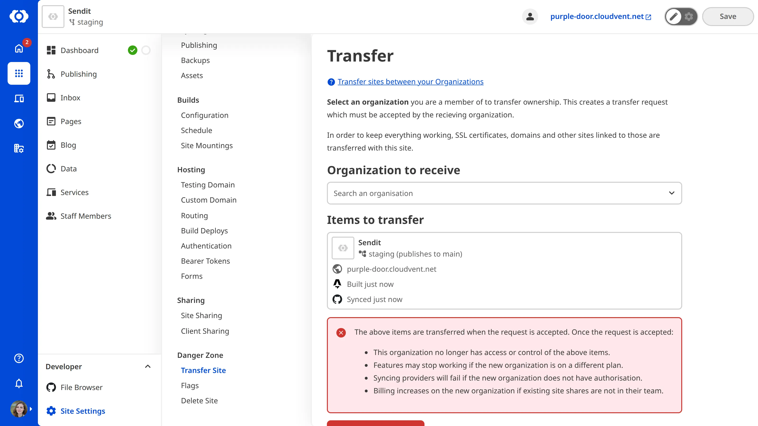 Screenshot of site transfer interface