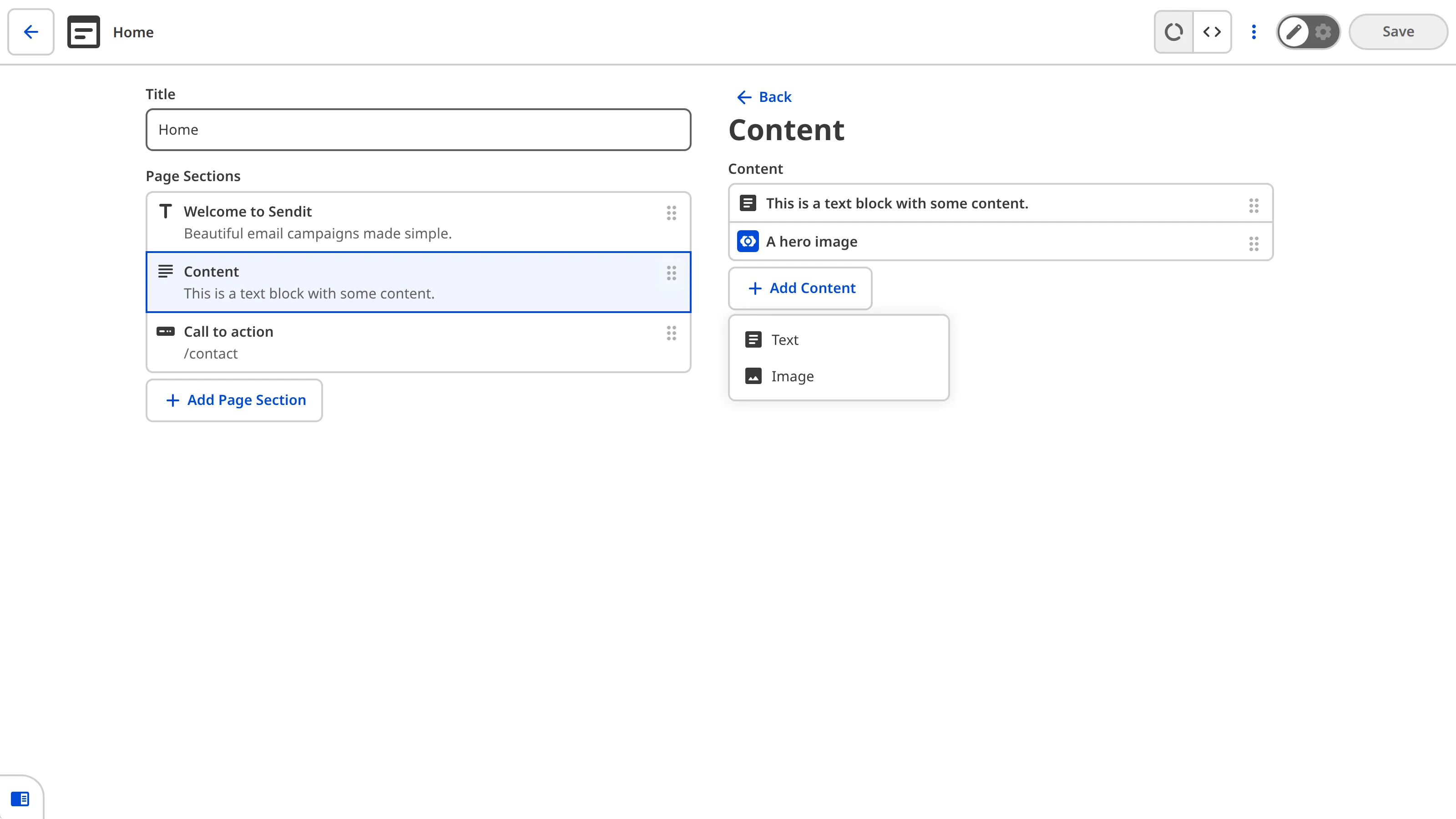 The sidebar of the Content Editor shows nested structure options within the Content item, with Text and Image sub-elements.