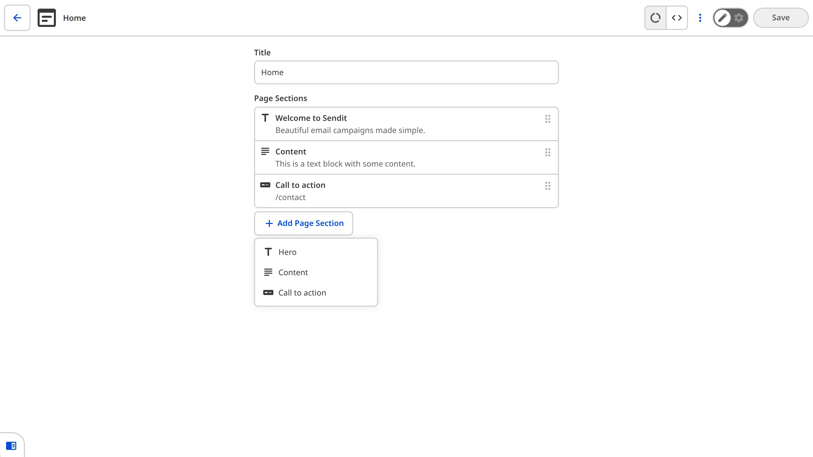 The sidebar of the Content Editor shows a Page Sections array with Hero, Content, and Call to action items, and a dropdown to add more.