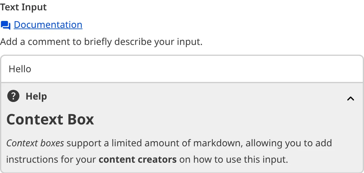 A screenshot of the Text Input in the Data Editor with a Context Box underneath the text area.