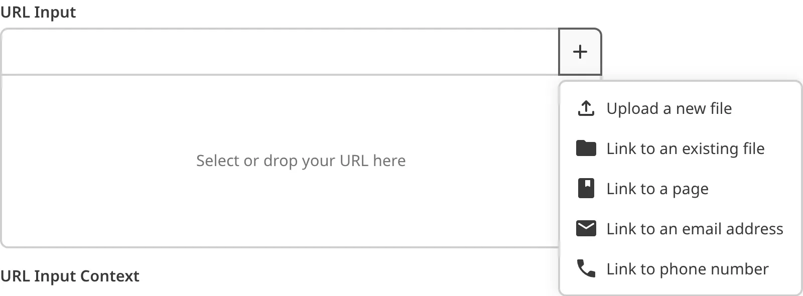 A screenshot of the Add URL dropdown on a URL Input shows the several options.