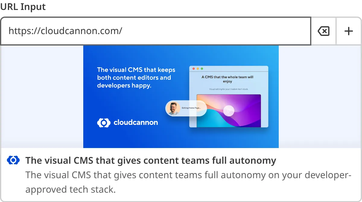 A screenshot of the URL Input in the Data Editor shows an external URL value with a preview of the URL image, title, and subtitle.