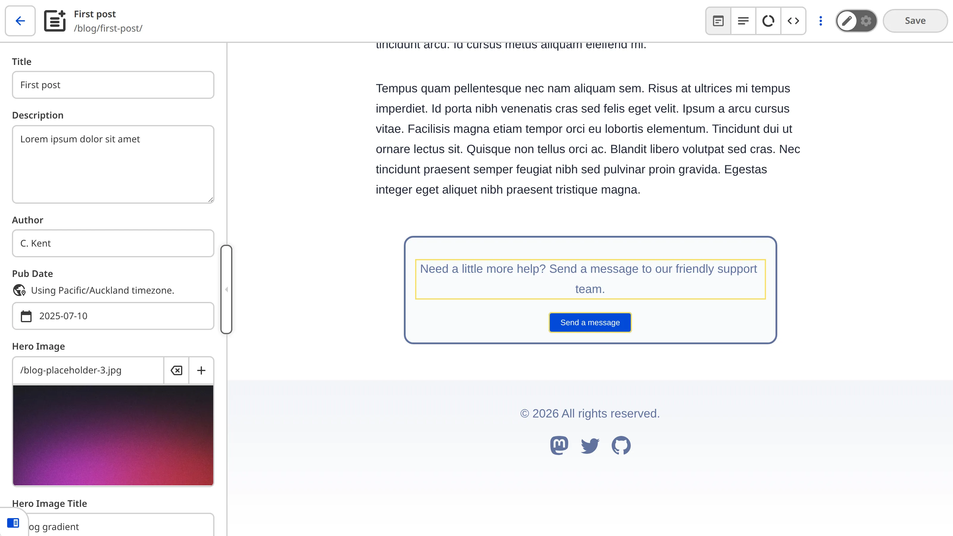 A screenshot of the Visual Editor shows a yellow Editable Region box around the Call to Action component on the blog page.