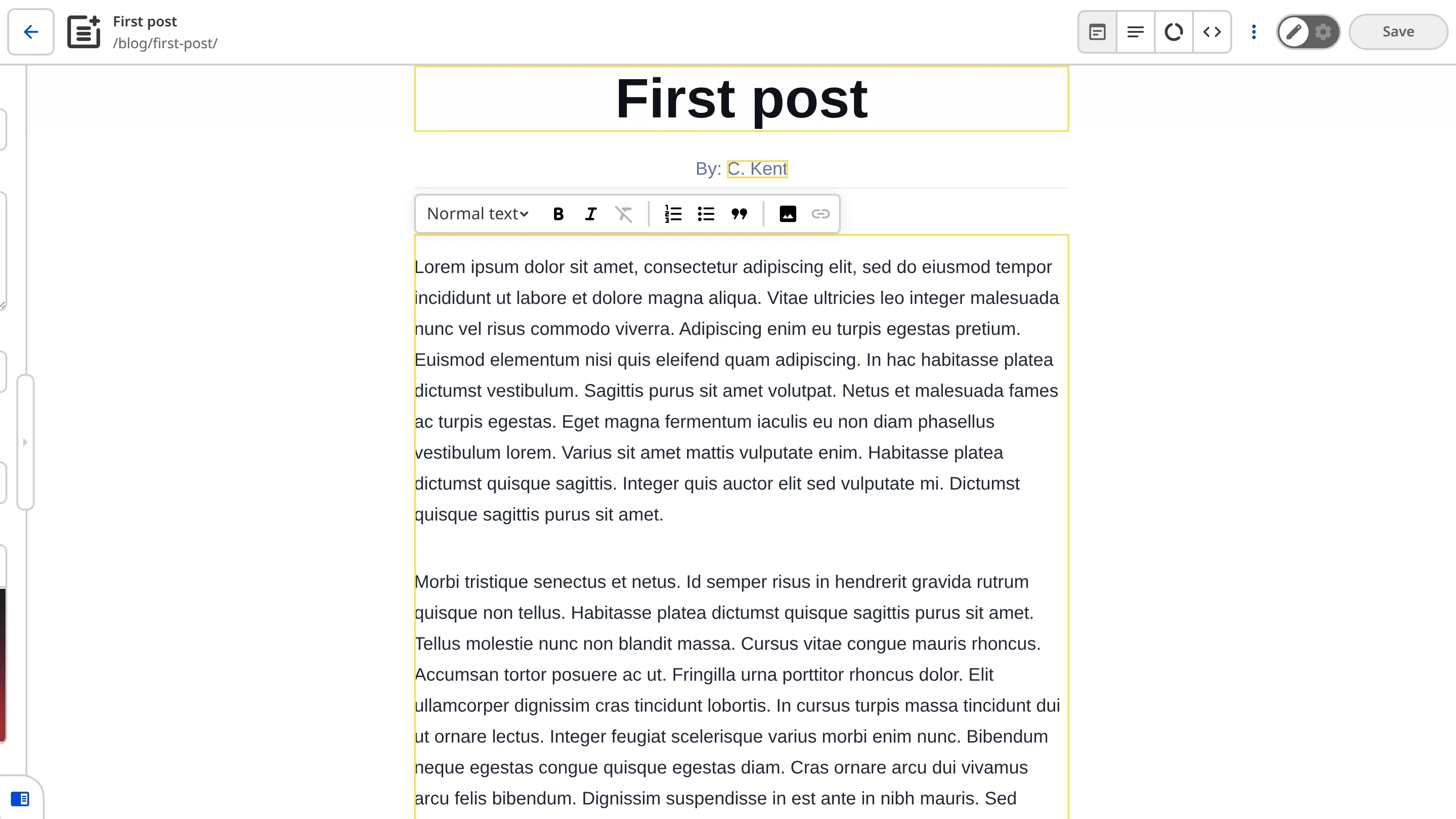 A screenshot of the Visual Editor shows a yellow Editable Regions box around the blog content and a WYSIWYG toolbar.