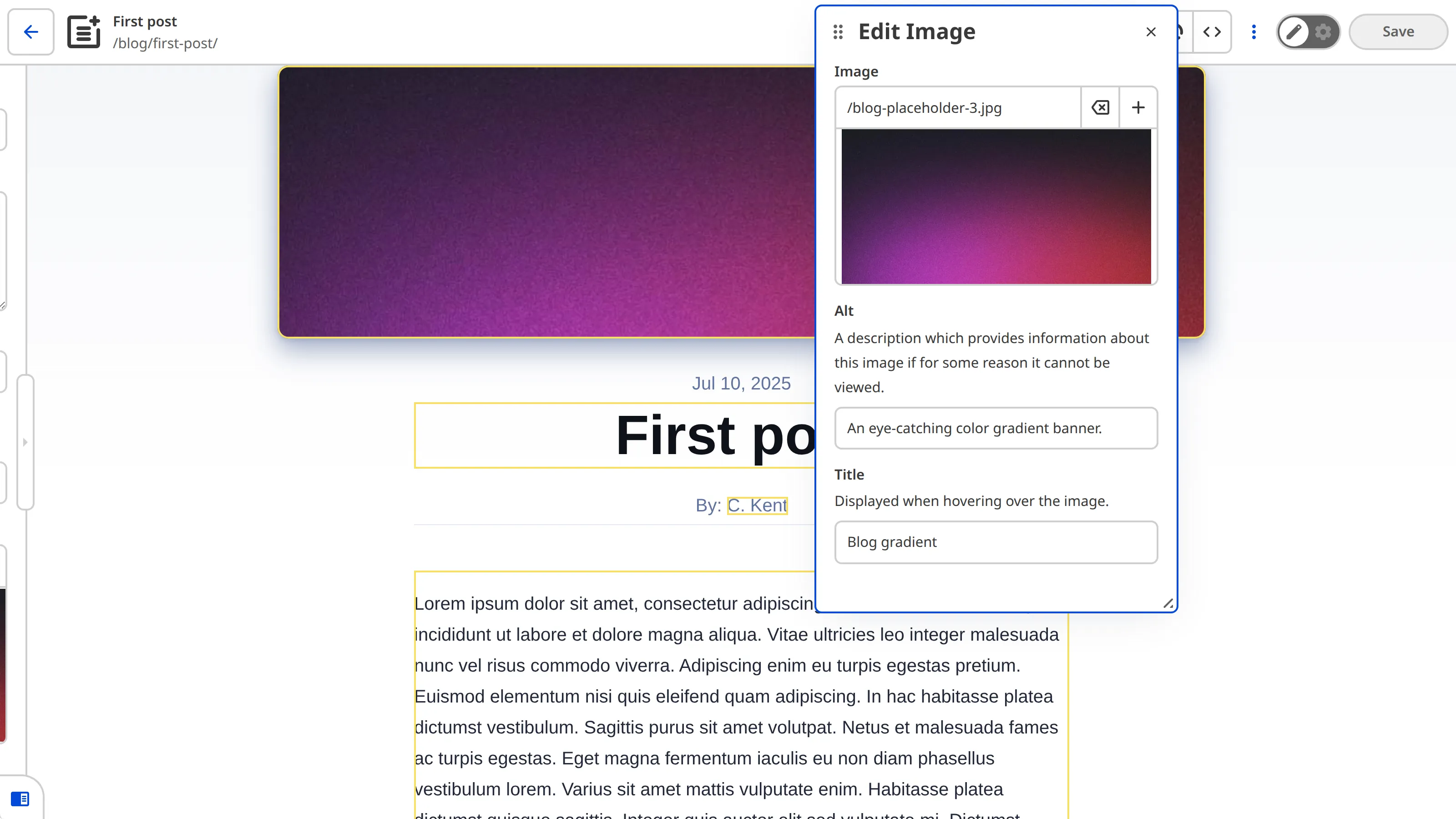 A screenshot of the Visual Editor shows a yellow Editable Region box around the image and the Edit Image Data Panel.