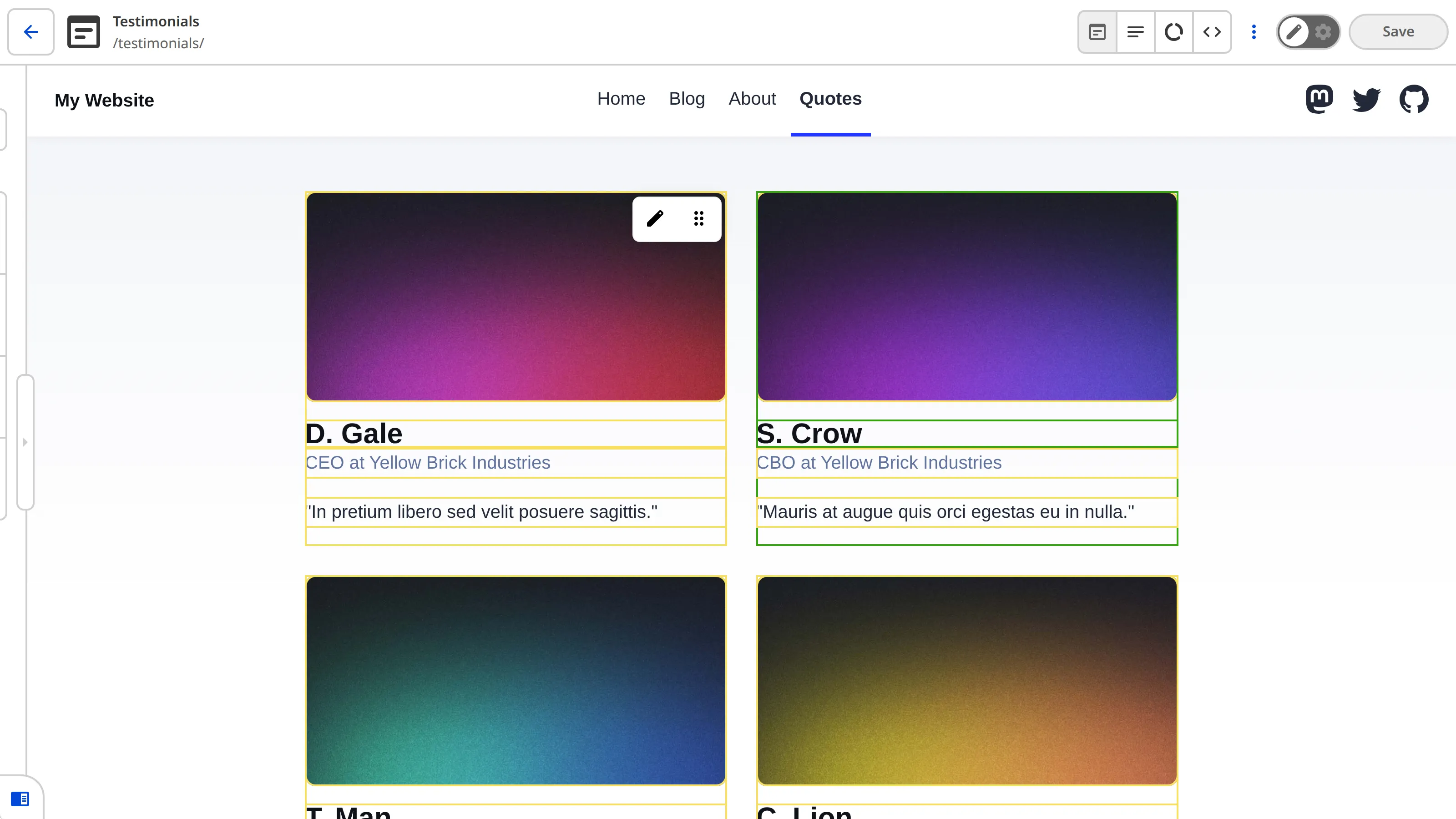 A screenshot of the Visual Editor shows yellow Editable Region boxes around the array items, text, and images on the Quotes webpage.