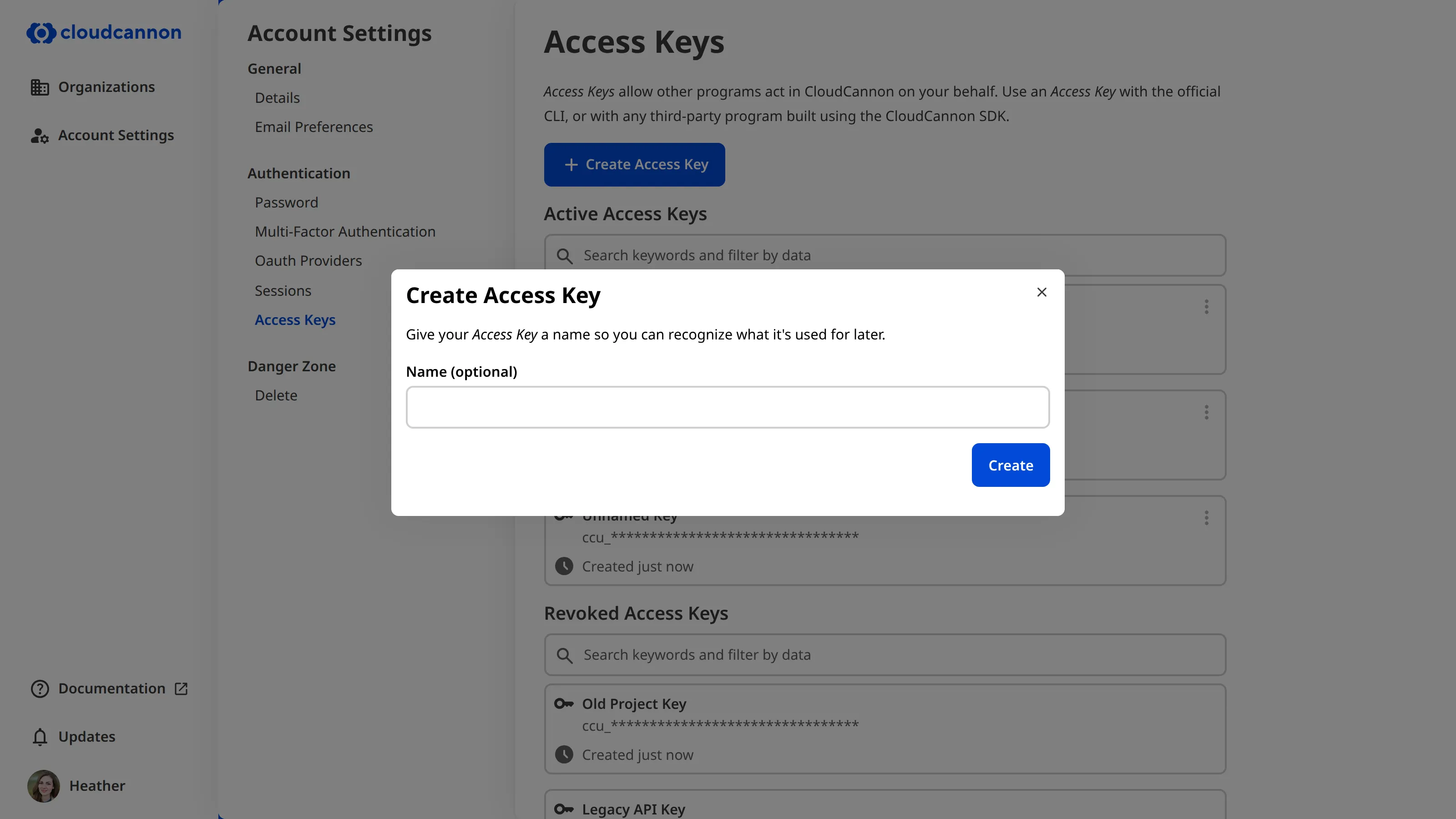 A screenshot of the Create Access Key modal shows the optional Name field and the Create button.