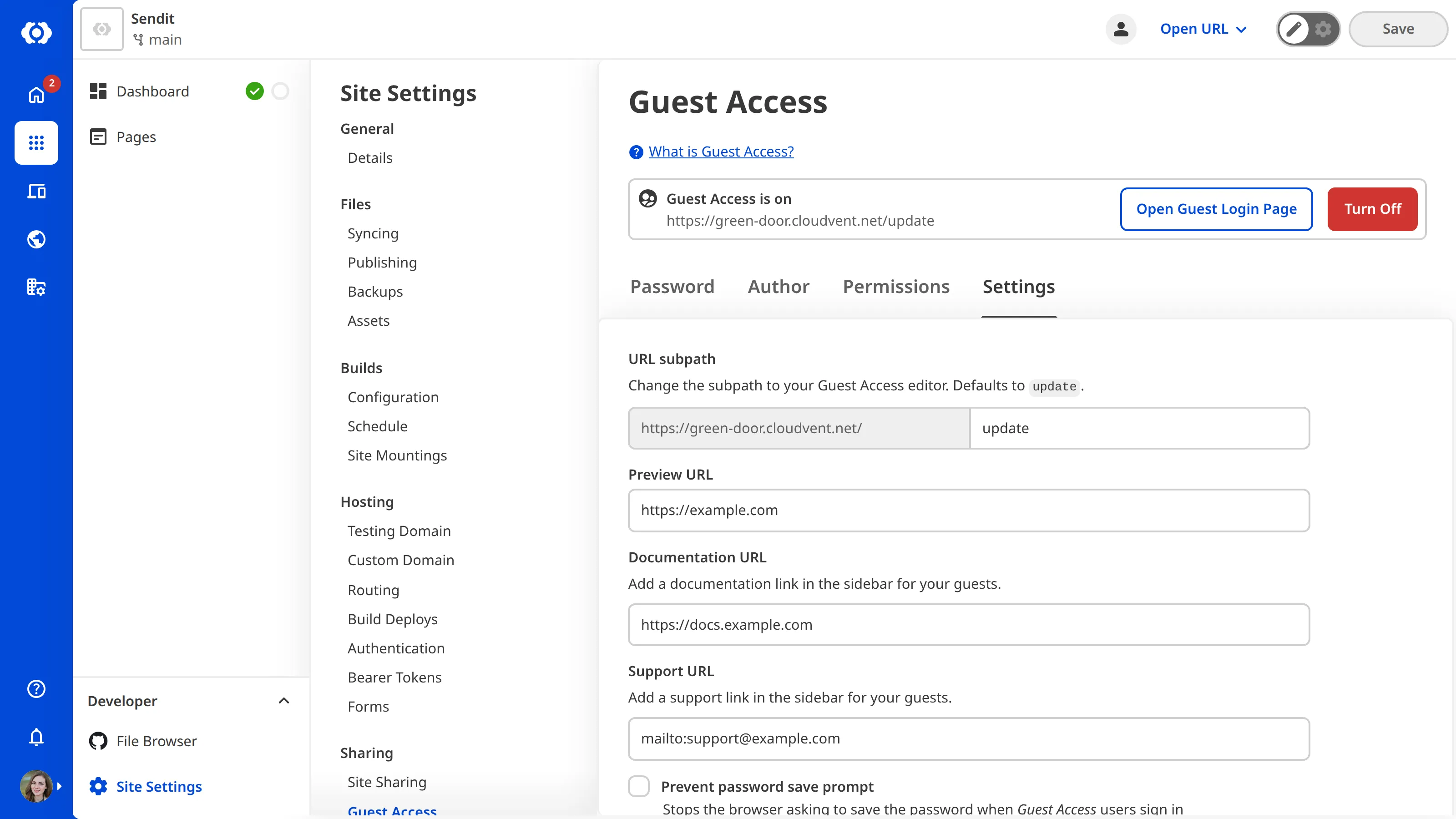A screenshot of the Settings tab on the Guest Access page shows the three fields for Preview URL, Documentation URL, and Support URL.