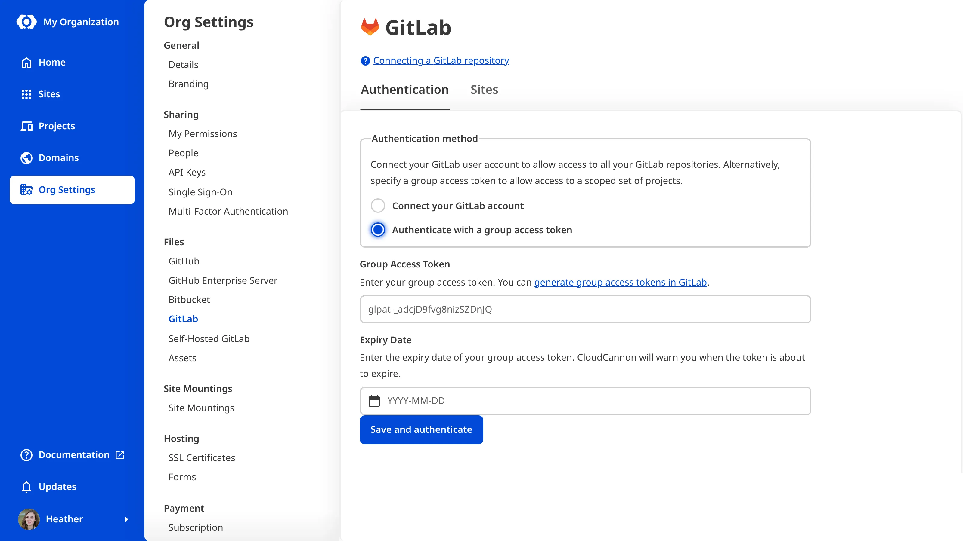 A screenshot of the GitLab page under Org Settings shows the group access token form with the Group Access Token and Expiry Date fields.