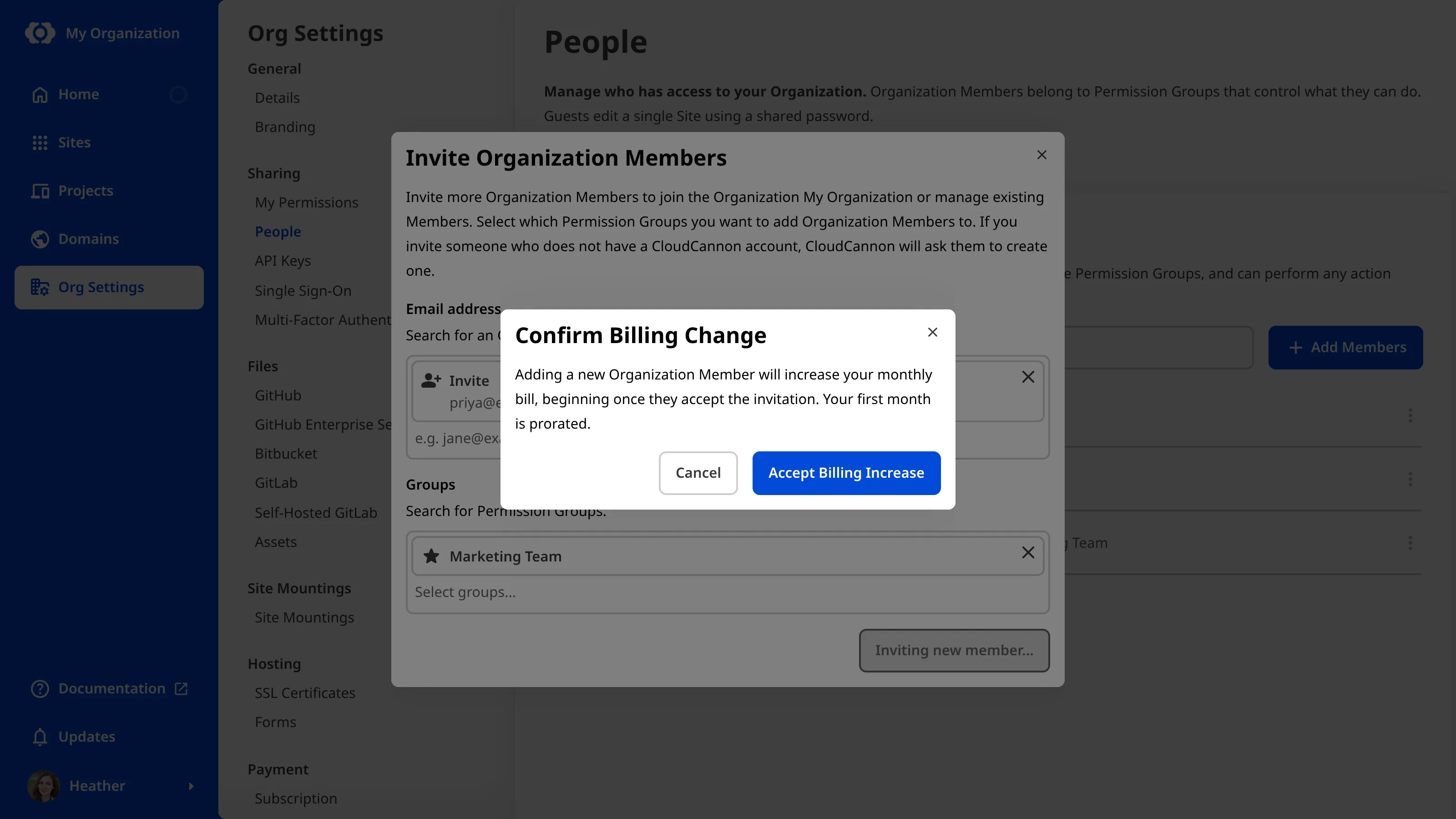 A screenshot of the Confirm Billing Change modal shows a message that adding a new Organization Member will increase your monthly bill once they accept the invitation, with Cancel and Accept Billing Increase buttons.