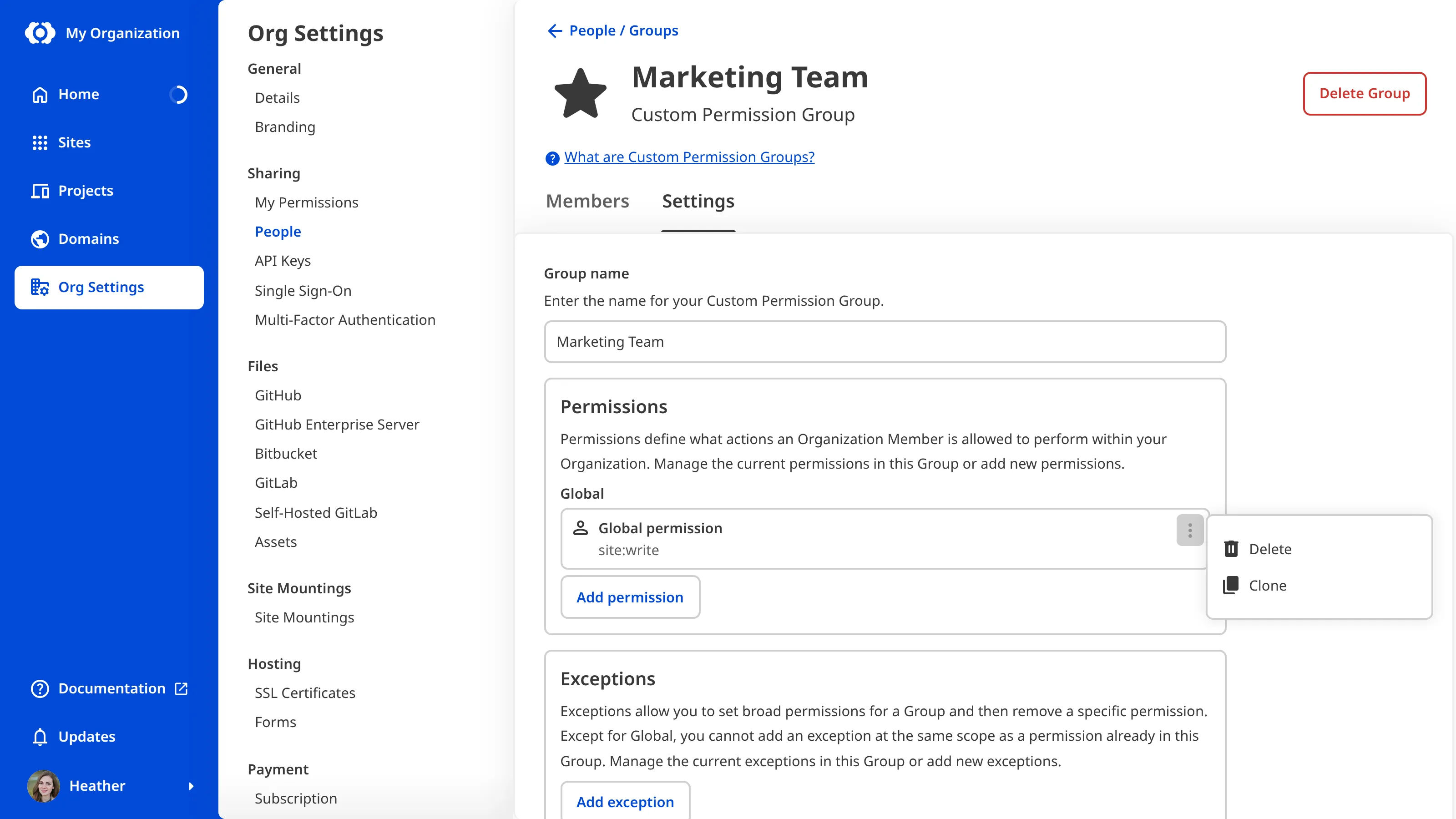 A screenshot of the Marketing Team Permission Group page shows the context menu open on a permission card with Delete and Clone options.