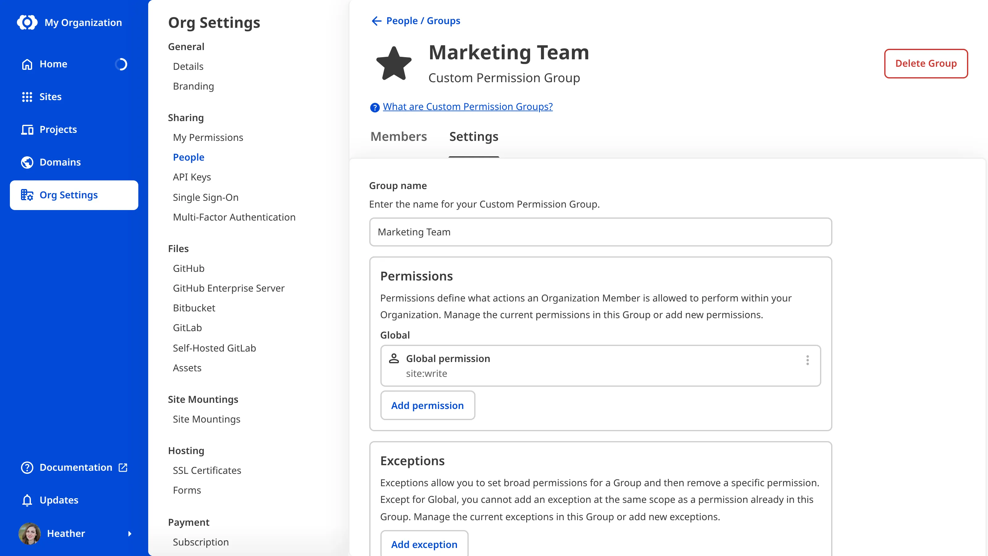 A screenshot of the Marketing Team Permission Group page shows permissions and the Add Permission button.