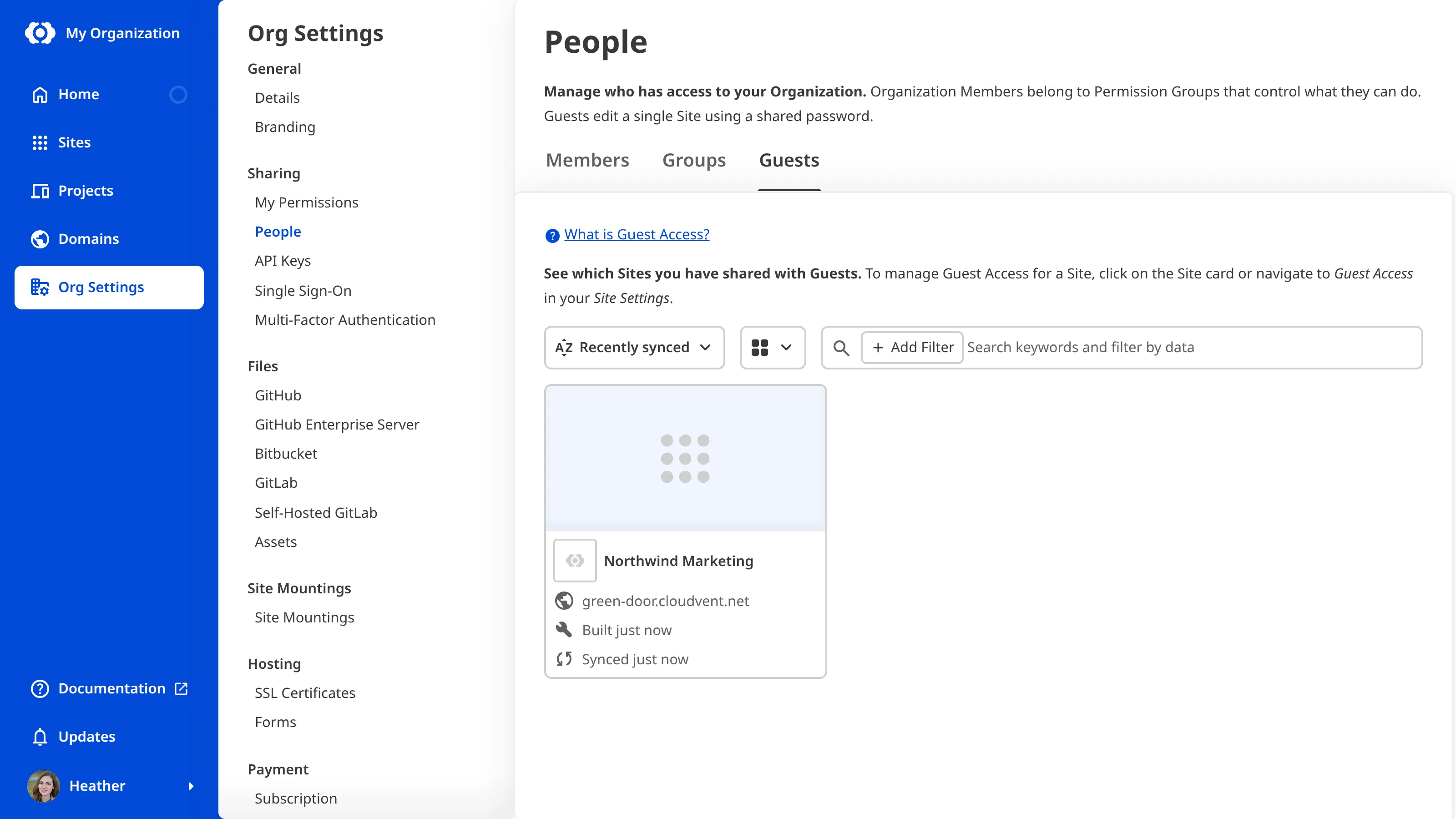 A screenshot of the Guests tab on the People page shows one Site with Guest Access enabled.