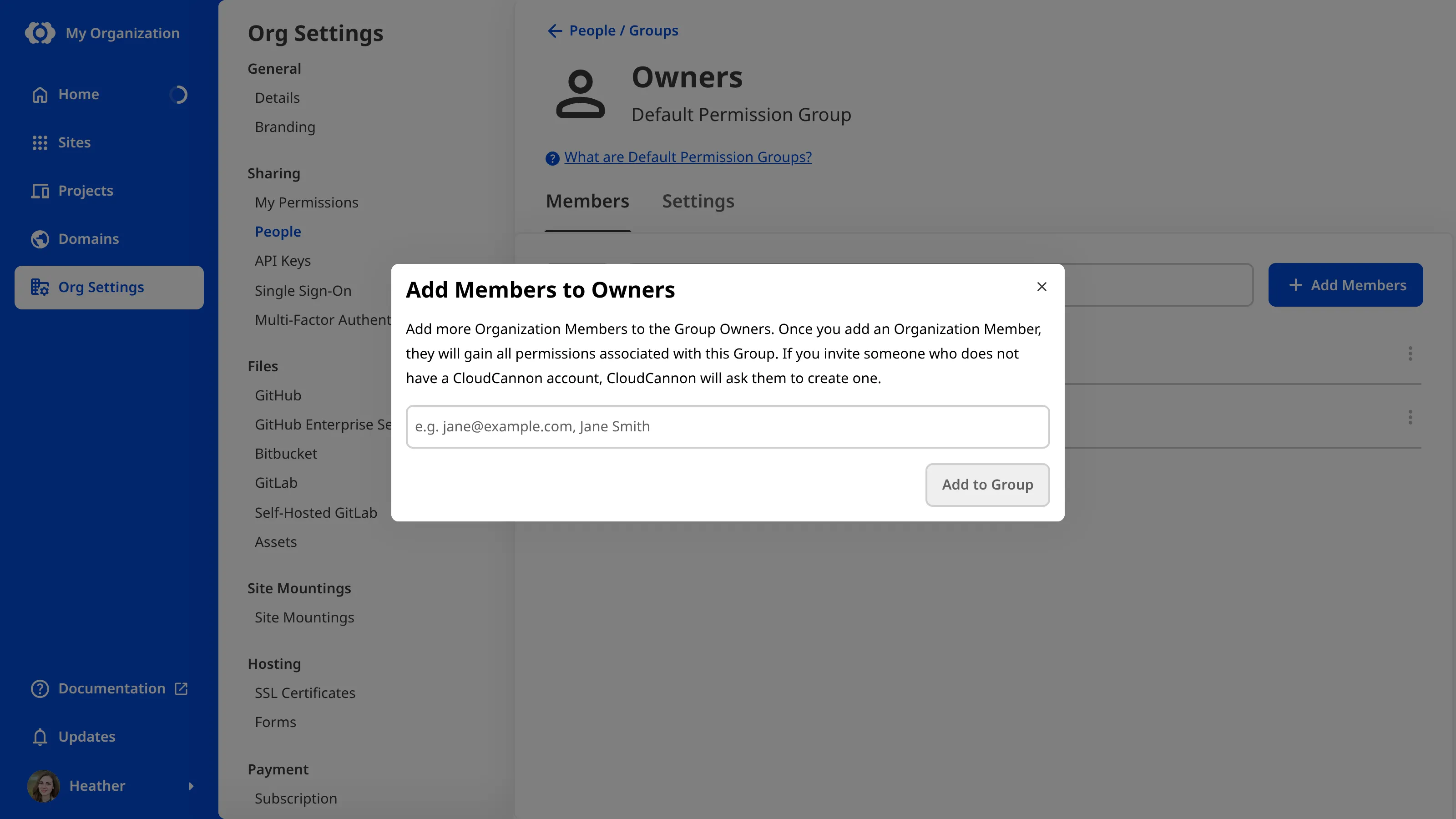 A screenshot of the Add Members to Owners modal in Org Settings shows a field for selecting Organization Members to add and the Add to Group button.